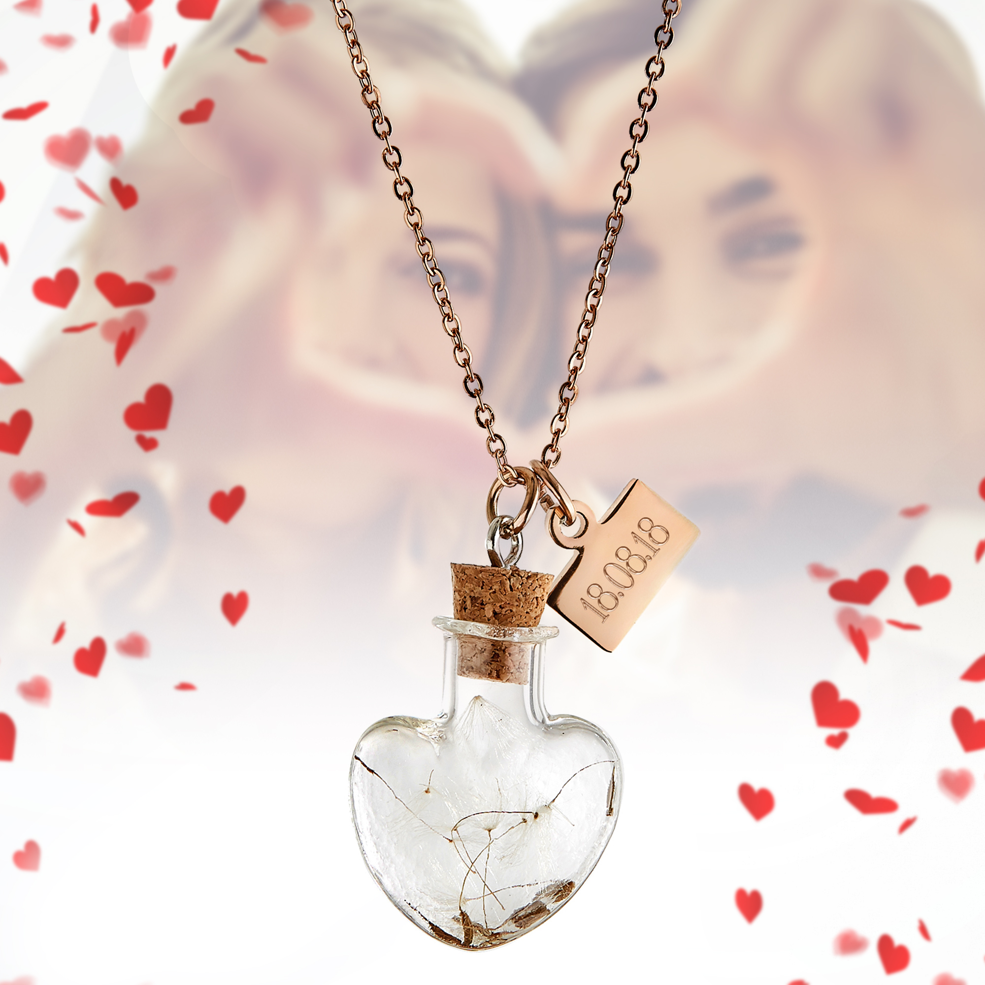 Herz Kettenanhänger Flaschenpost Rosegold - Datum Gravur 4016