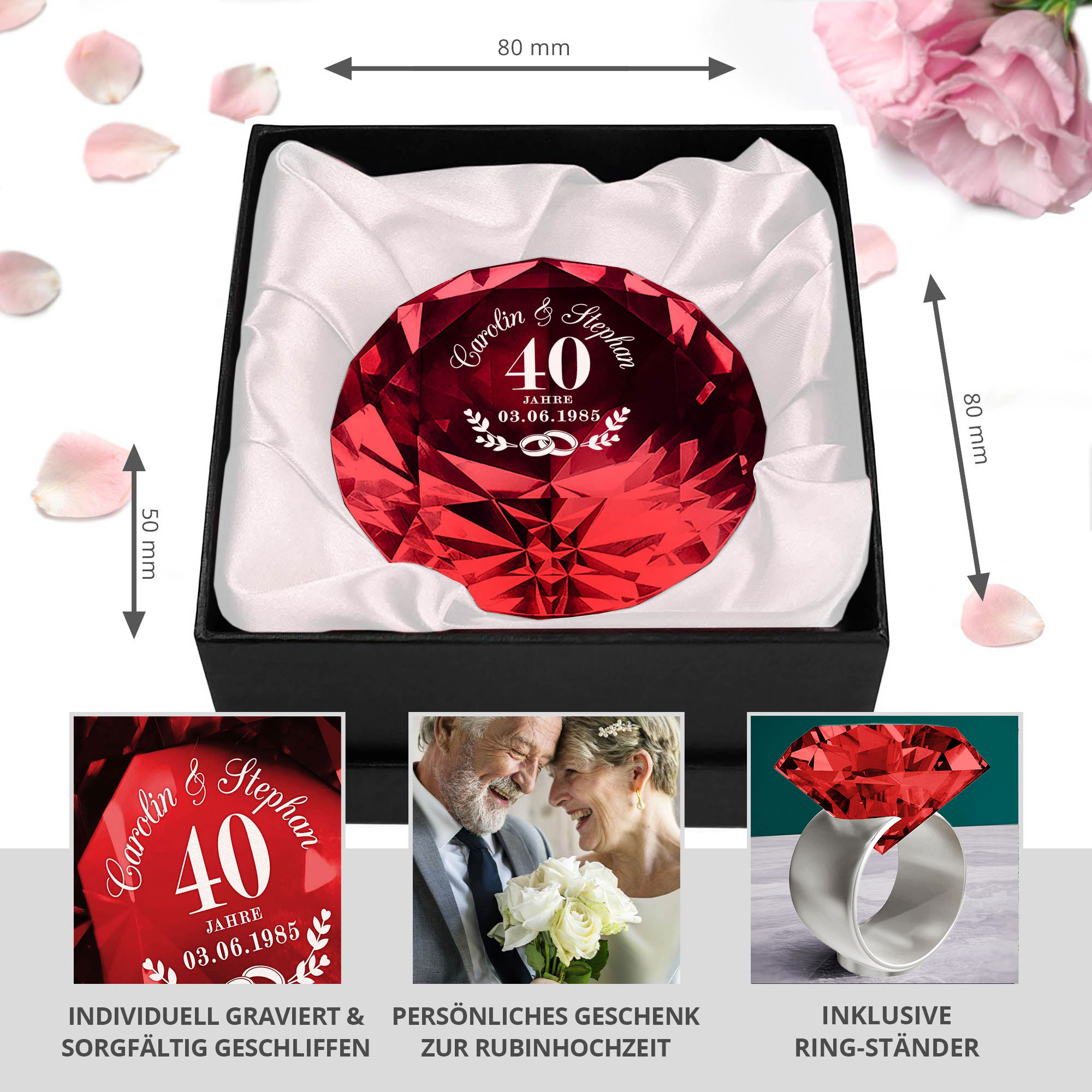 Diamant Kristall Rot mit Gravur zur Rubinhochzeit und Ring Displayständer Silber