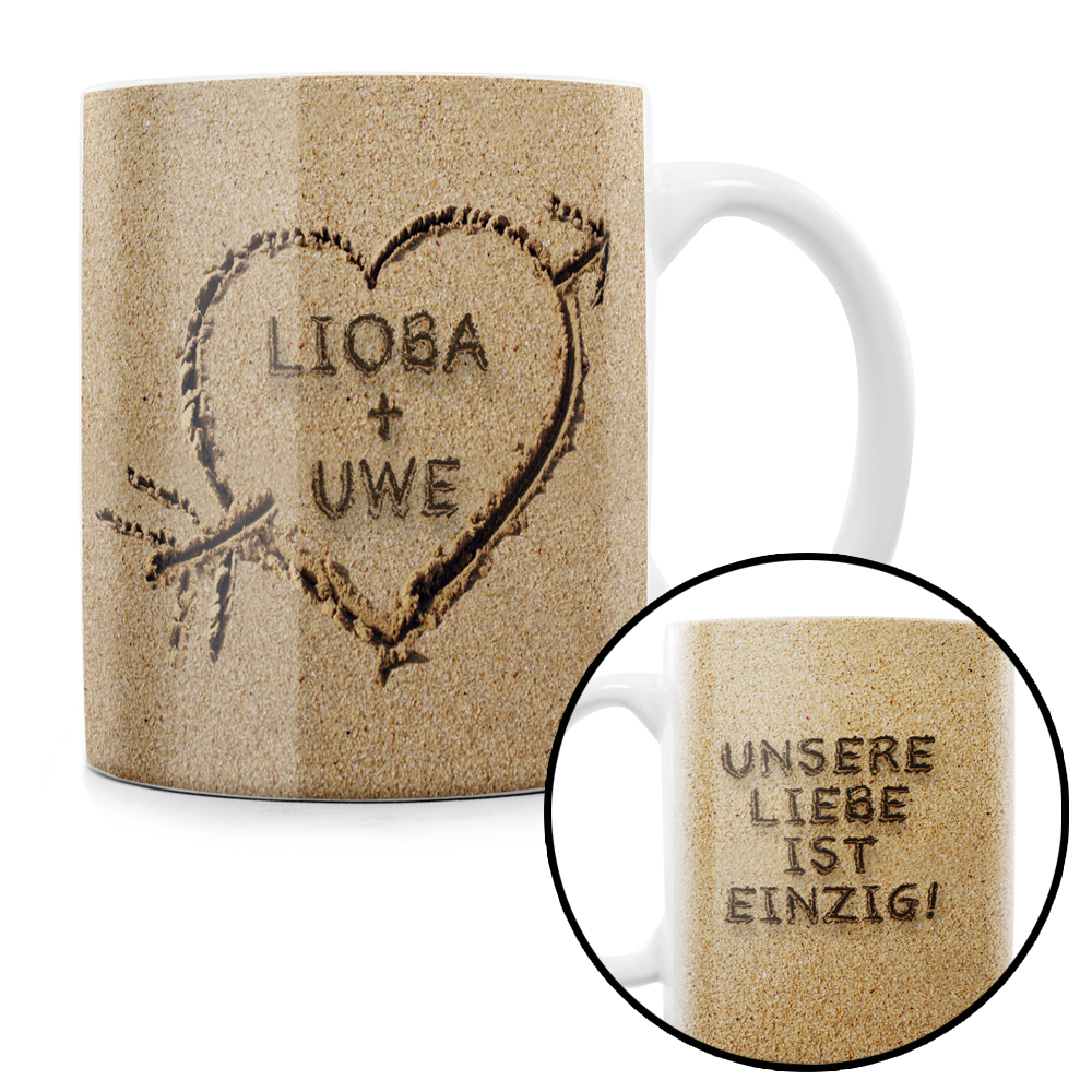 Herz im Sand - personalisierte Tasse 1160