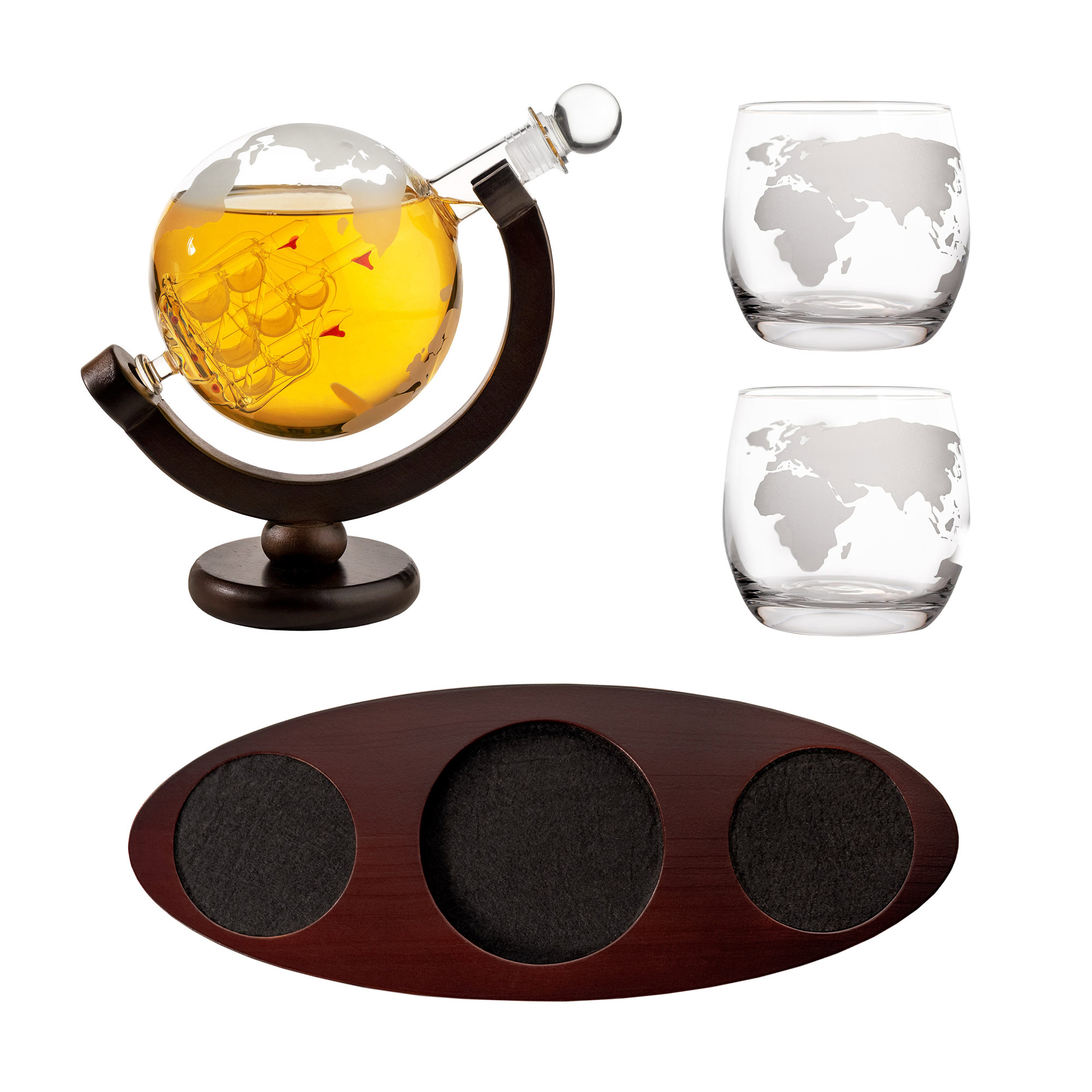 Whisky Set mit Globus Karaffe und 2 Gläsern - Segelschiff Whisky Set mit Globus Karaffe und 2 Gläsern - Segelschiff