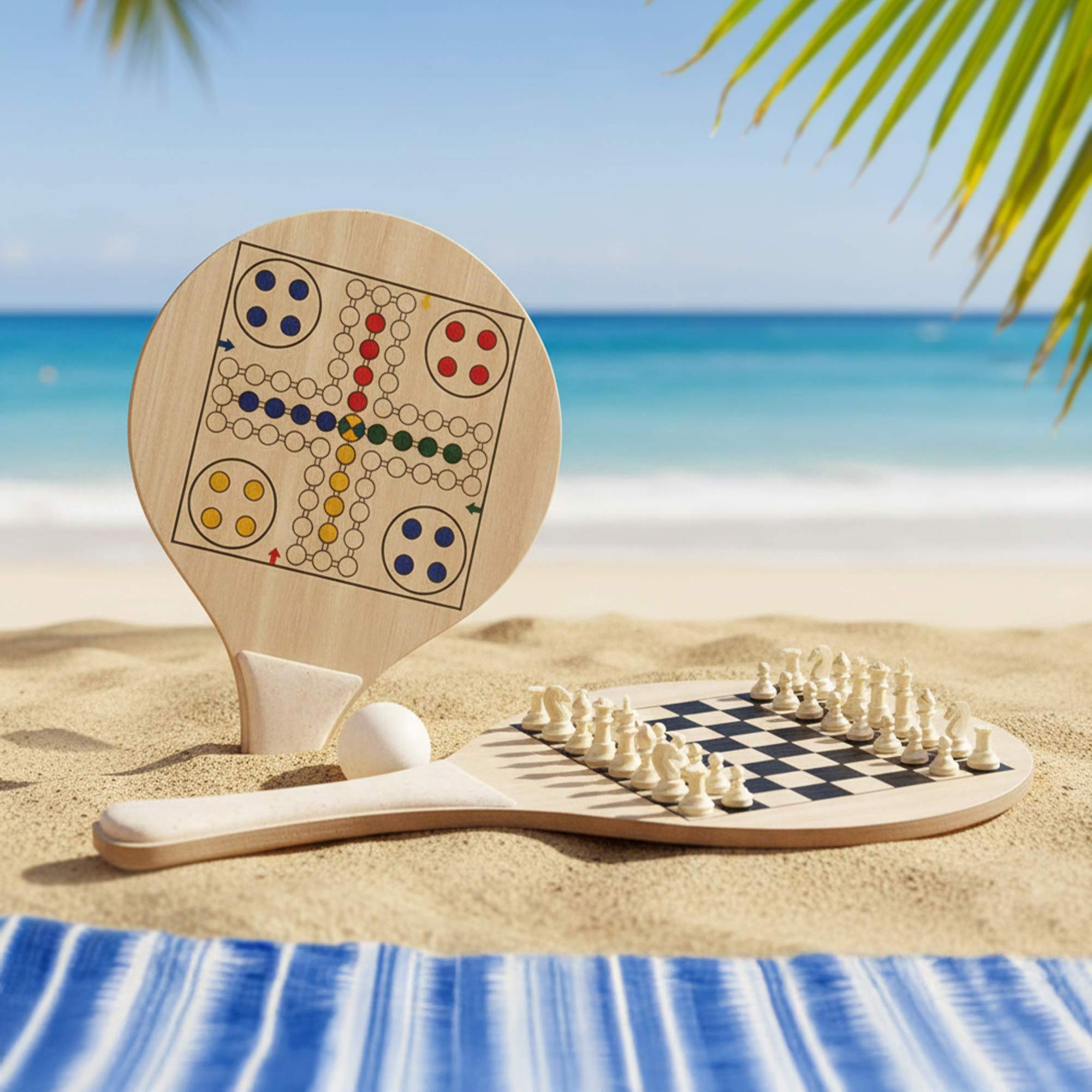 Kompaktes Beachball Set mit 2 Spielen und Baumwollbeutel