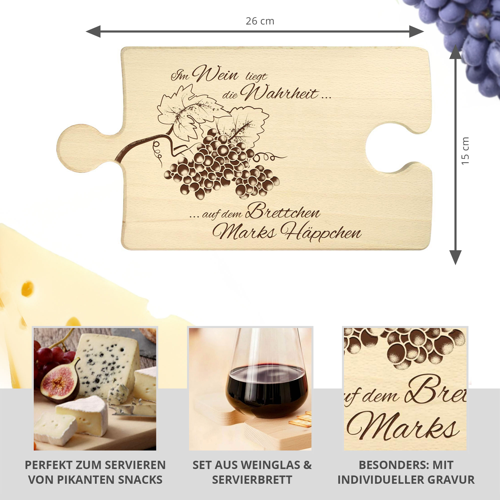 Weinhäppchen - Glas und Puzzle Brettchen personalisiert Weinhäppchen - Glas und Puzzle Brettchen personalisiert