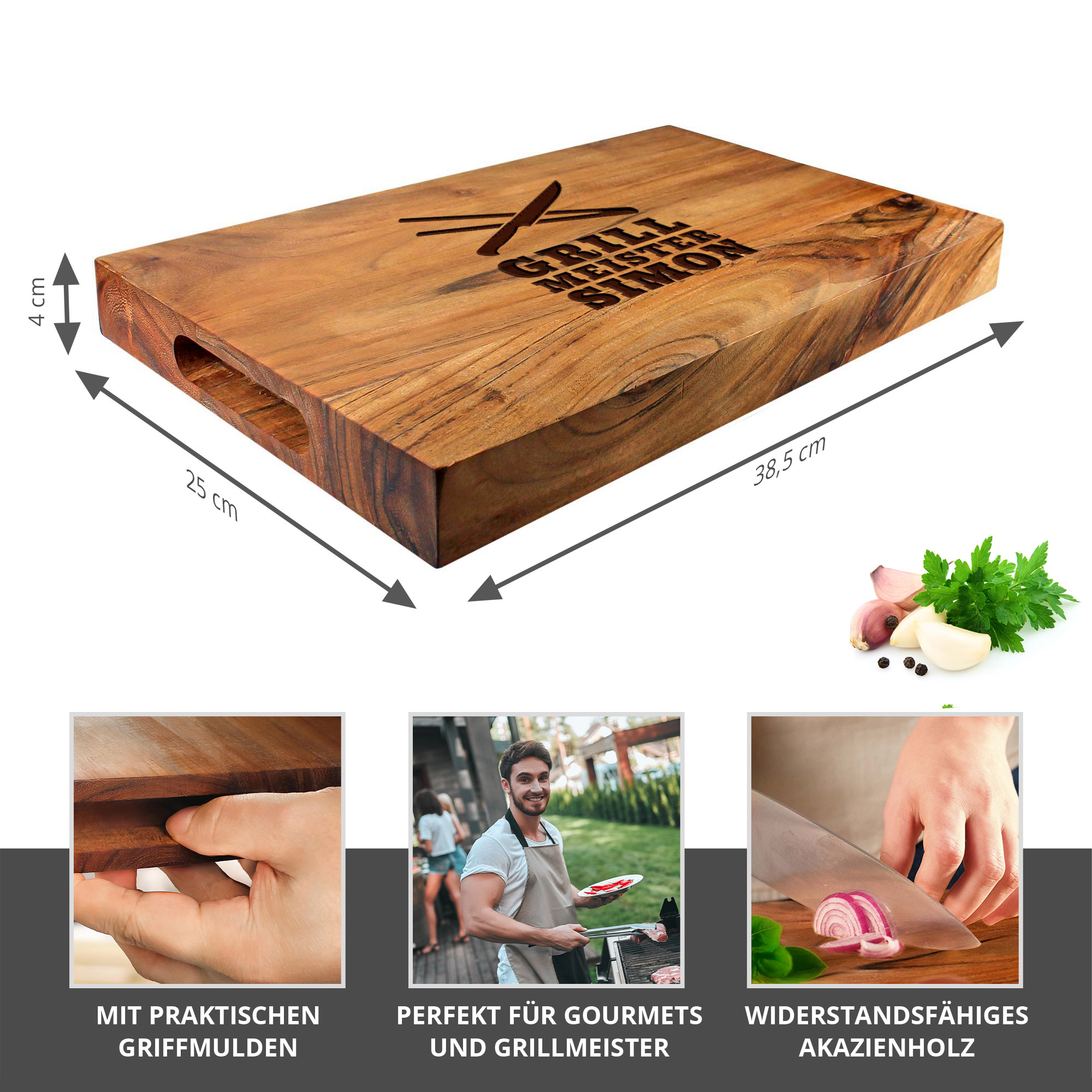 Schneideblock mit Griffmulden - Grillmeister Gravur