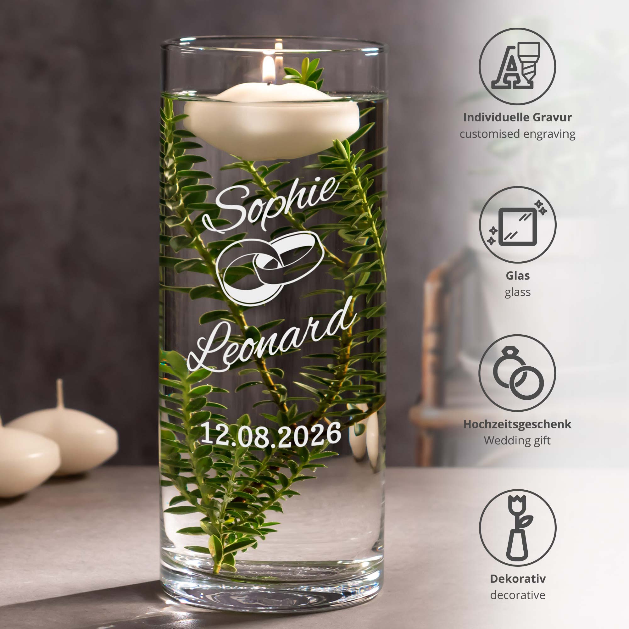 Runde Vase zur Hochzeit - Ringe Gravur