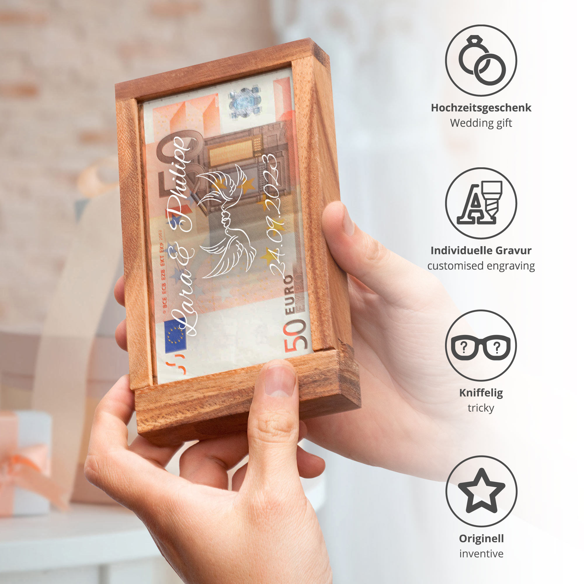 Magische Geldgeschenkbox - Liebestauben Gravur