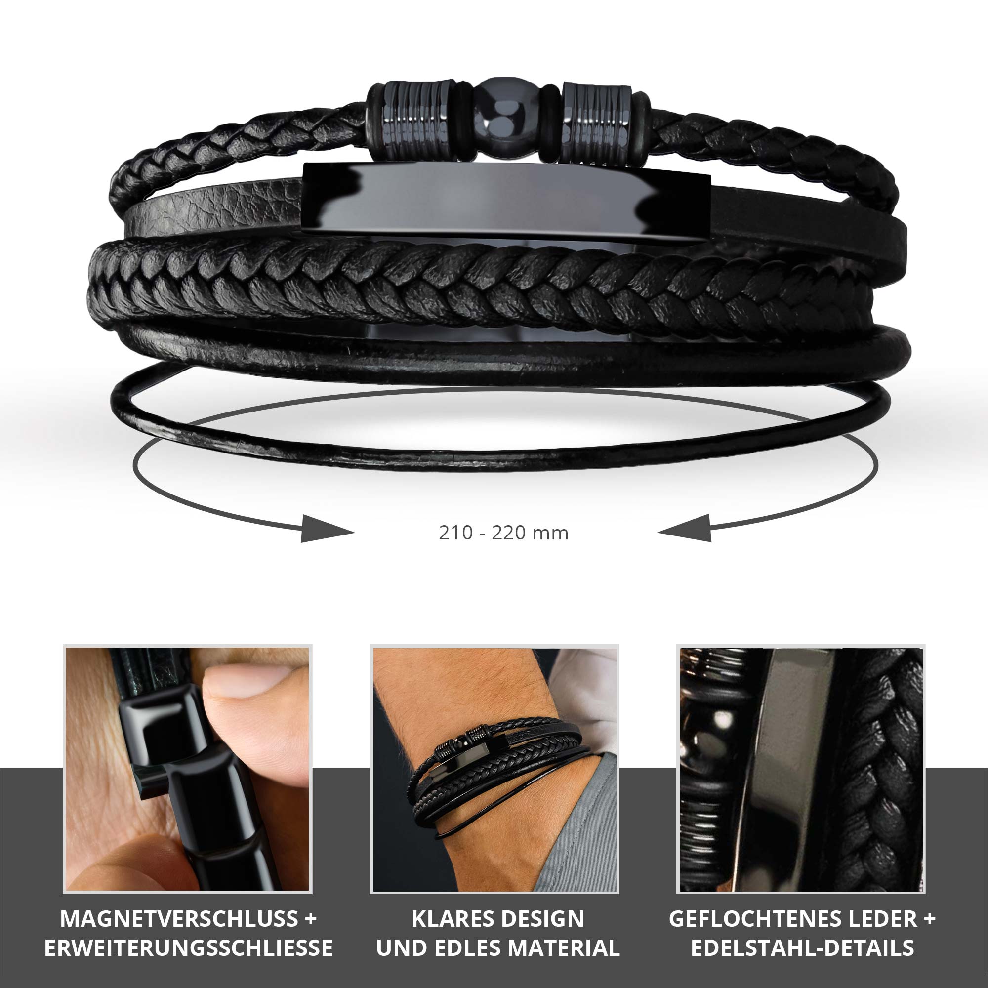 Geflochtenes Lederarmband mit Beads Schwarz - Herren Armband