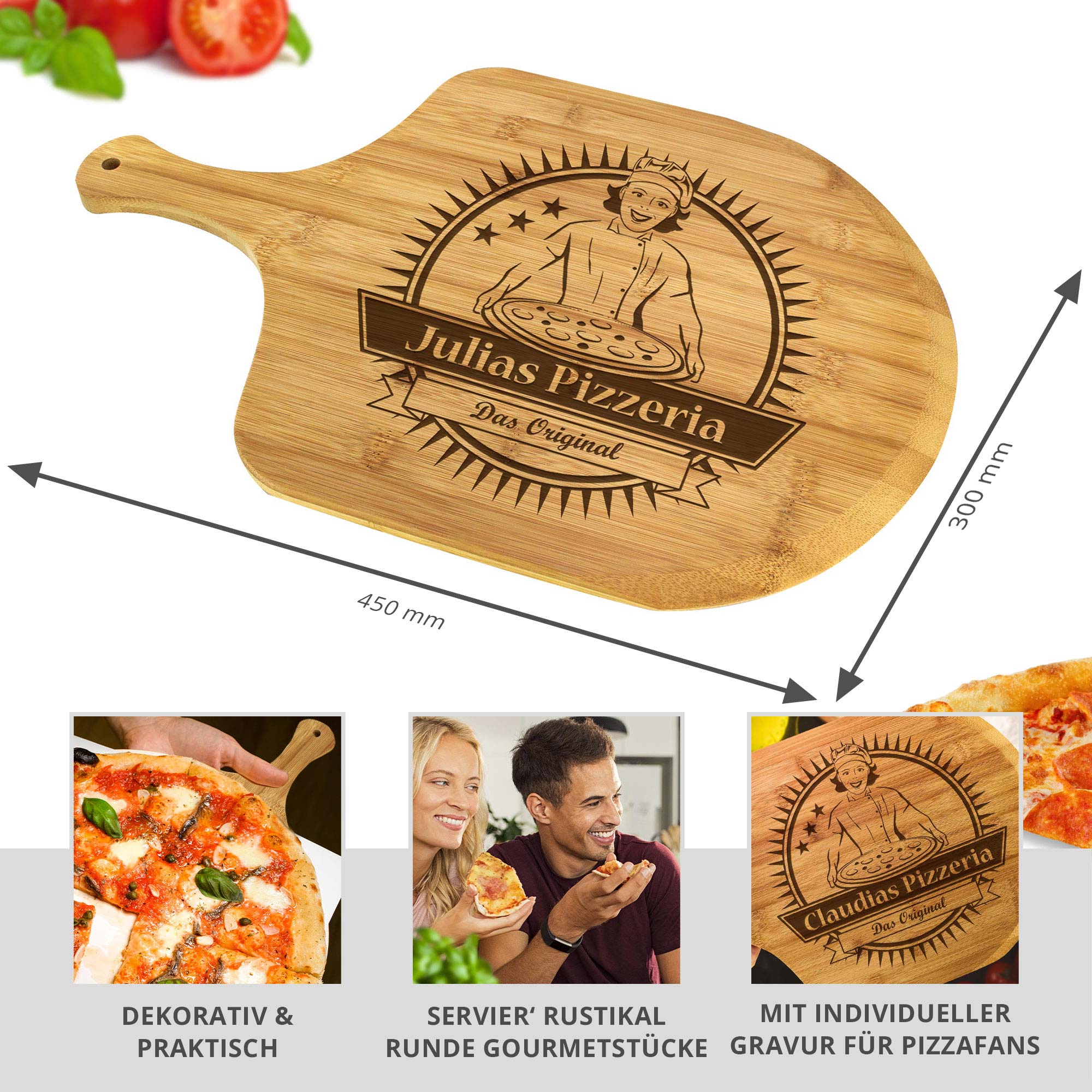 Pizzabrett Premium mit Gravur - Köchin - Name