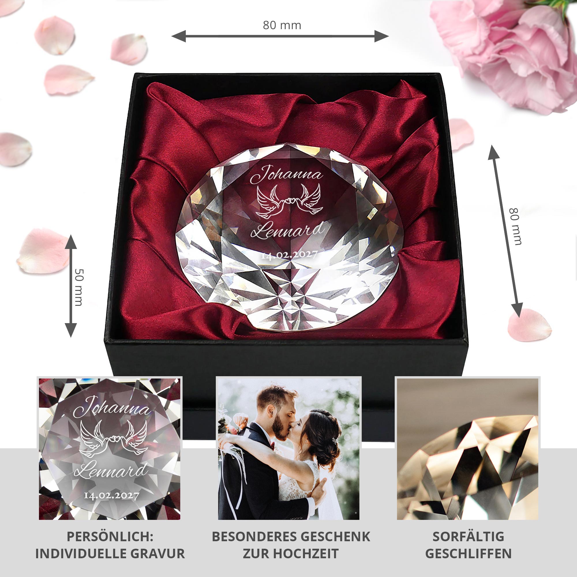 Diamant Kristall mit Gravur - Liebestauben