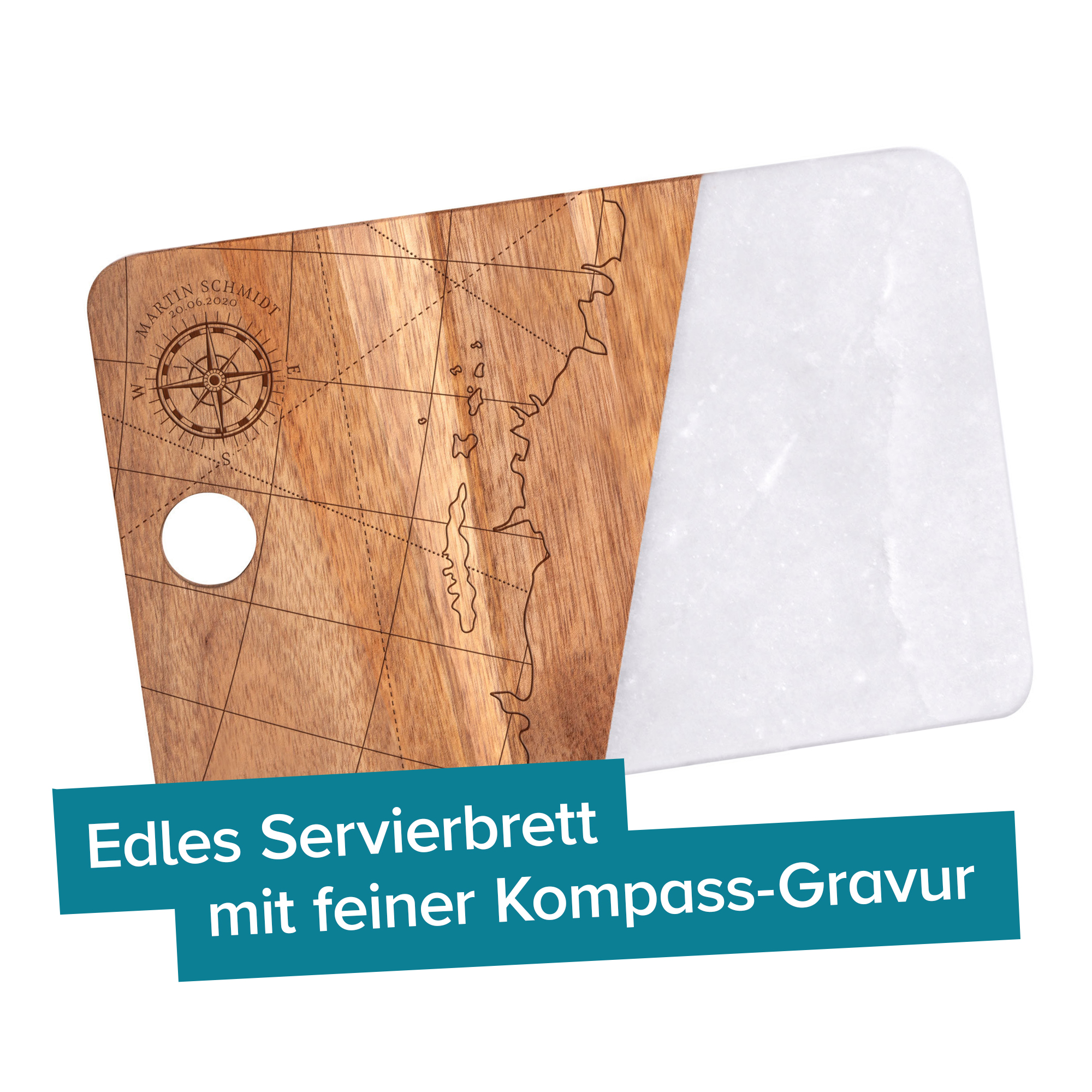 Servierbrett Akazie und Marmor mit Gravur - Kompass 4030 - 1