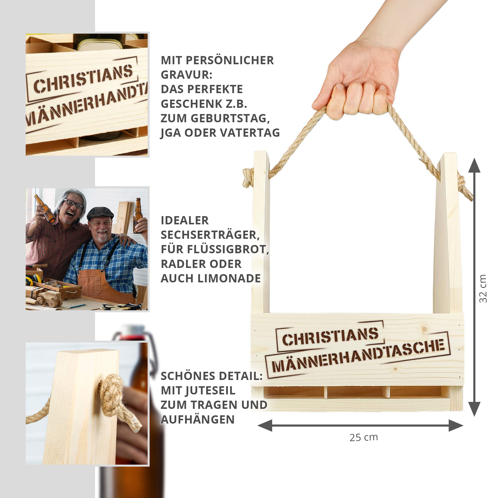 Flaschenträger mit Gravur - Männerhandtasche