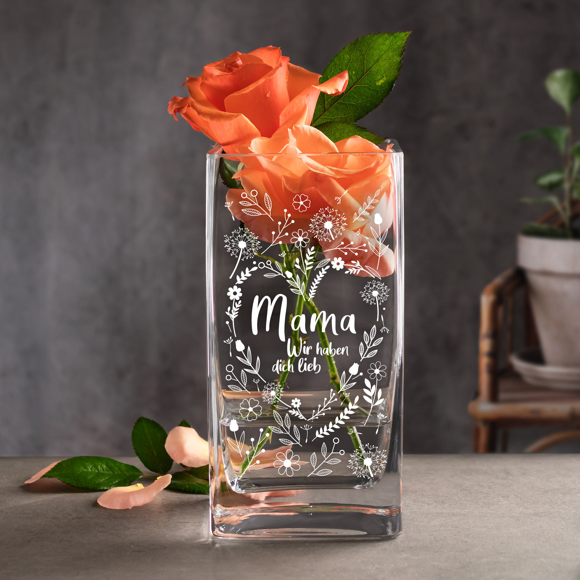 Eckige Vase - Blumenherz für Mama