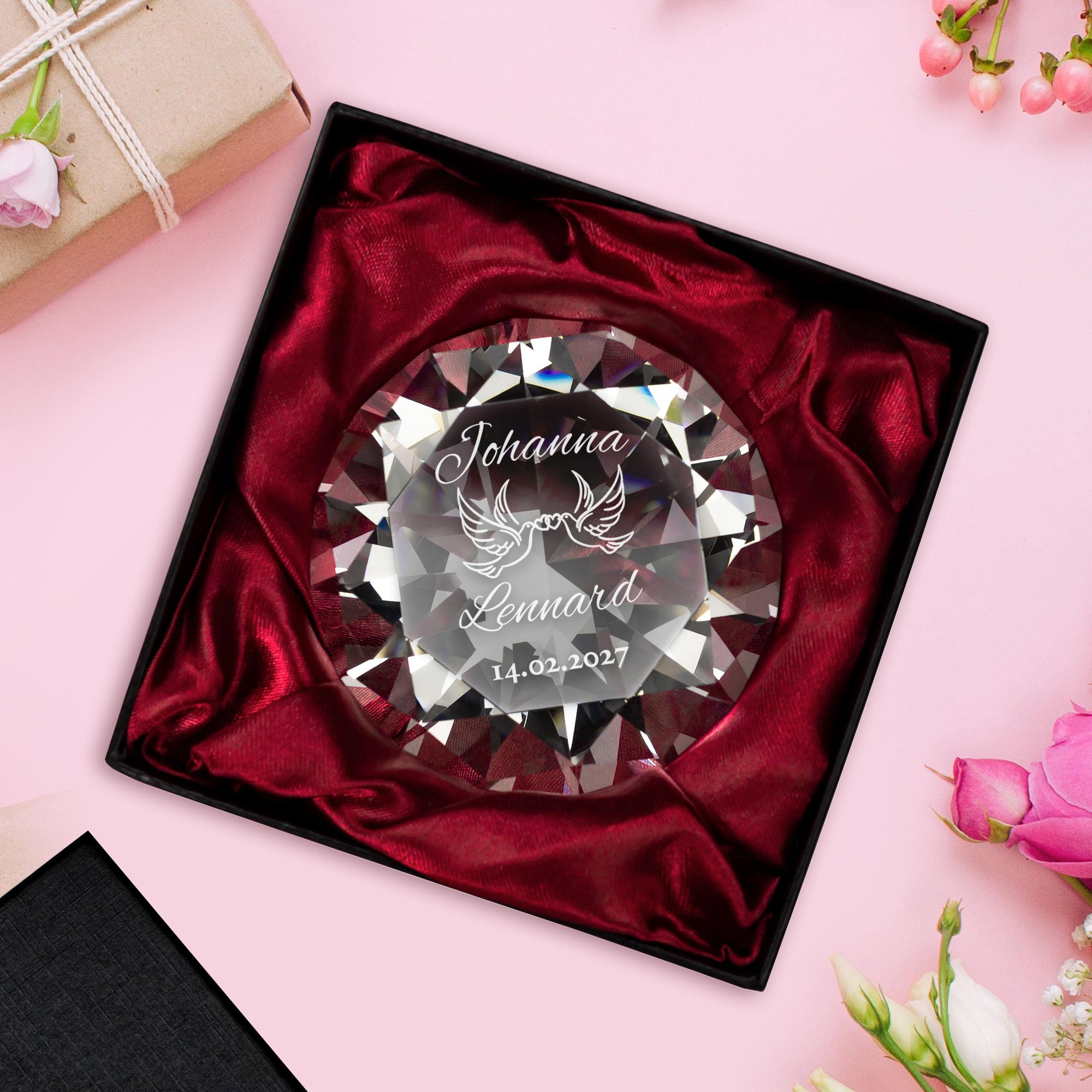 Diamant Kristall mit Gravur - Liebestauben