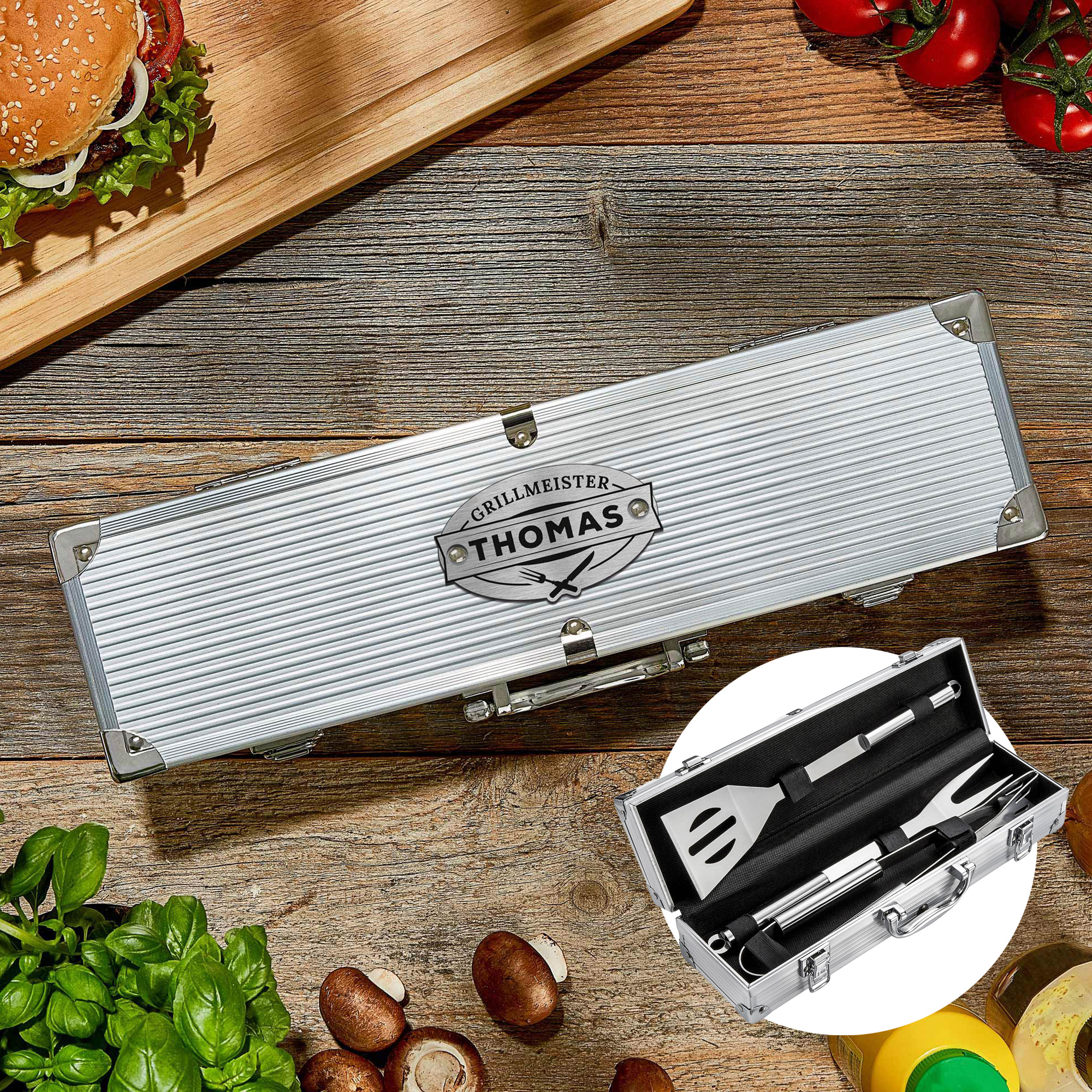 Deluxe Grillbesteck im Koffer - Grillmeister Gravur