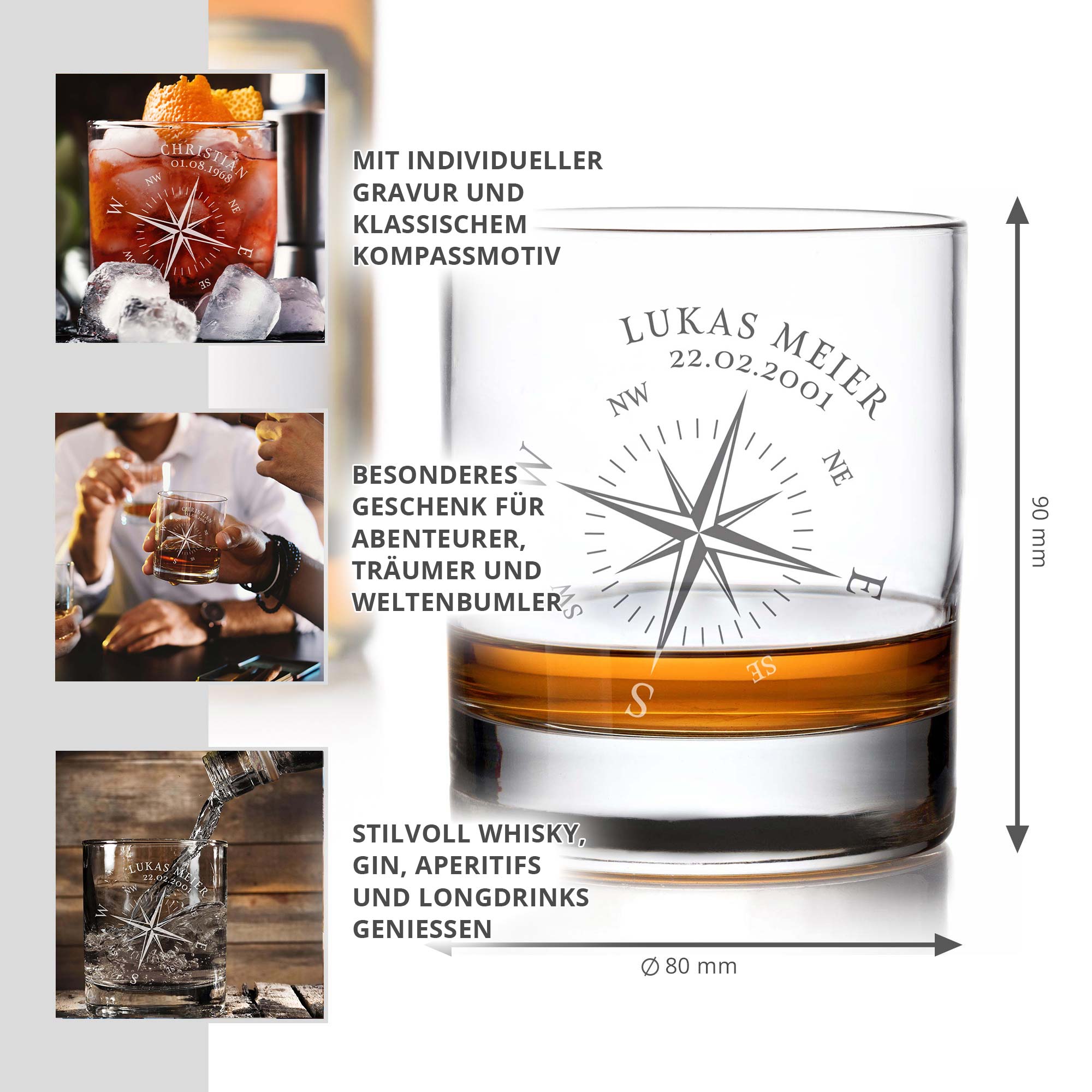 Personalisiertes Whiskyglas - Kompass