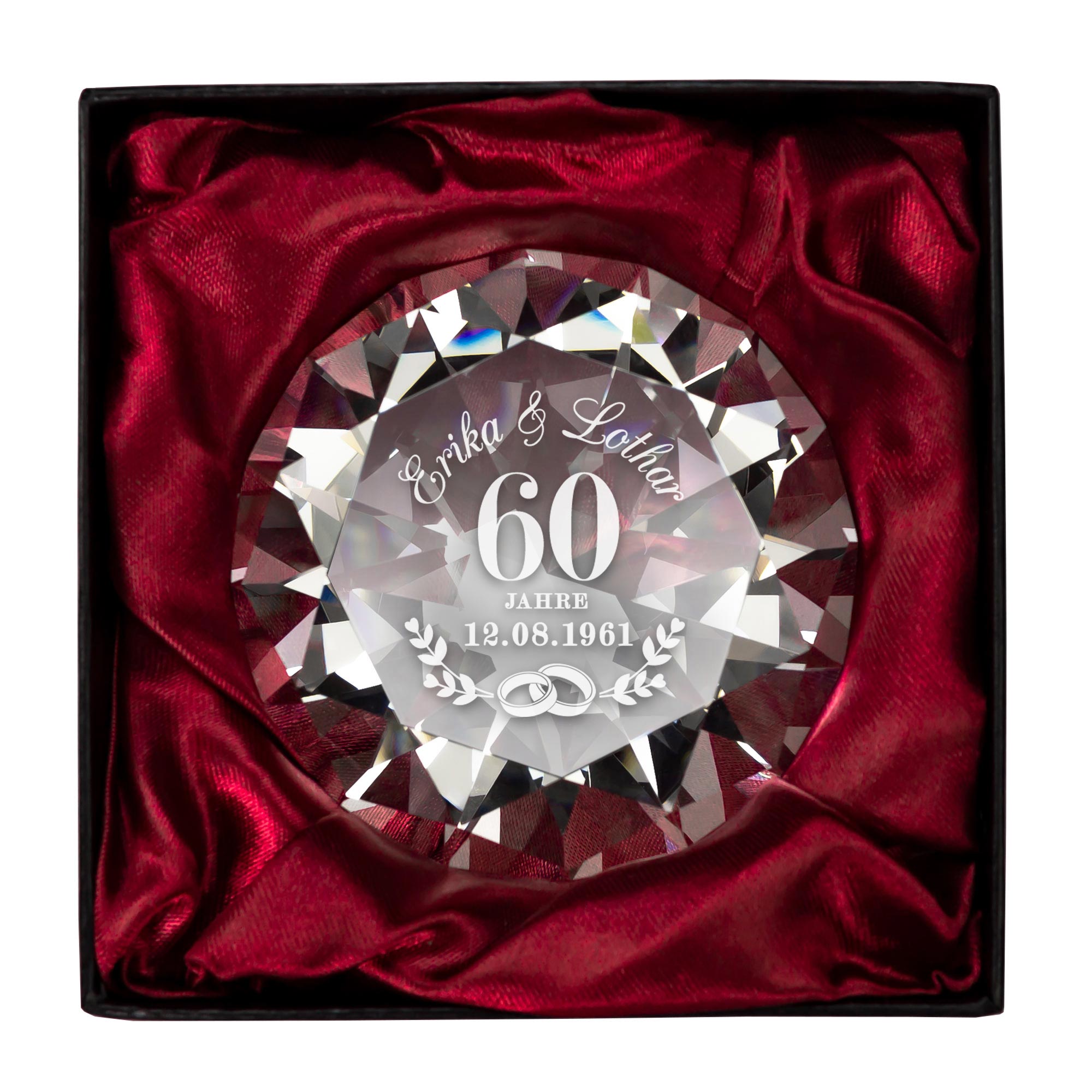 Diamant Kristall mit Gravur zur Diamant Hochzeit und Ring Displayständer