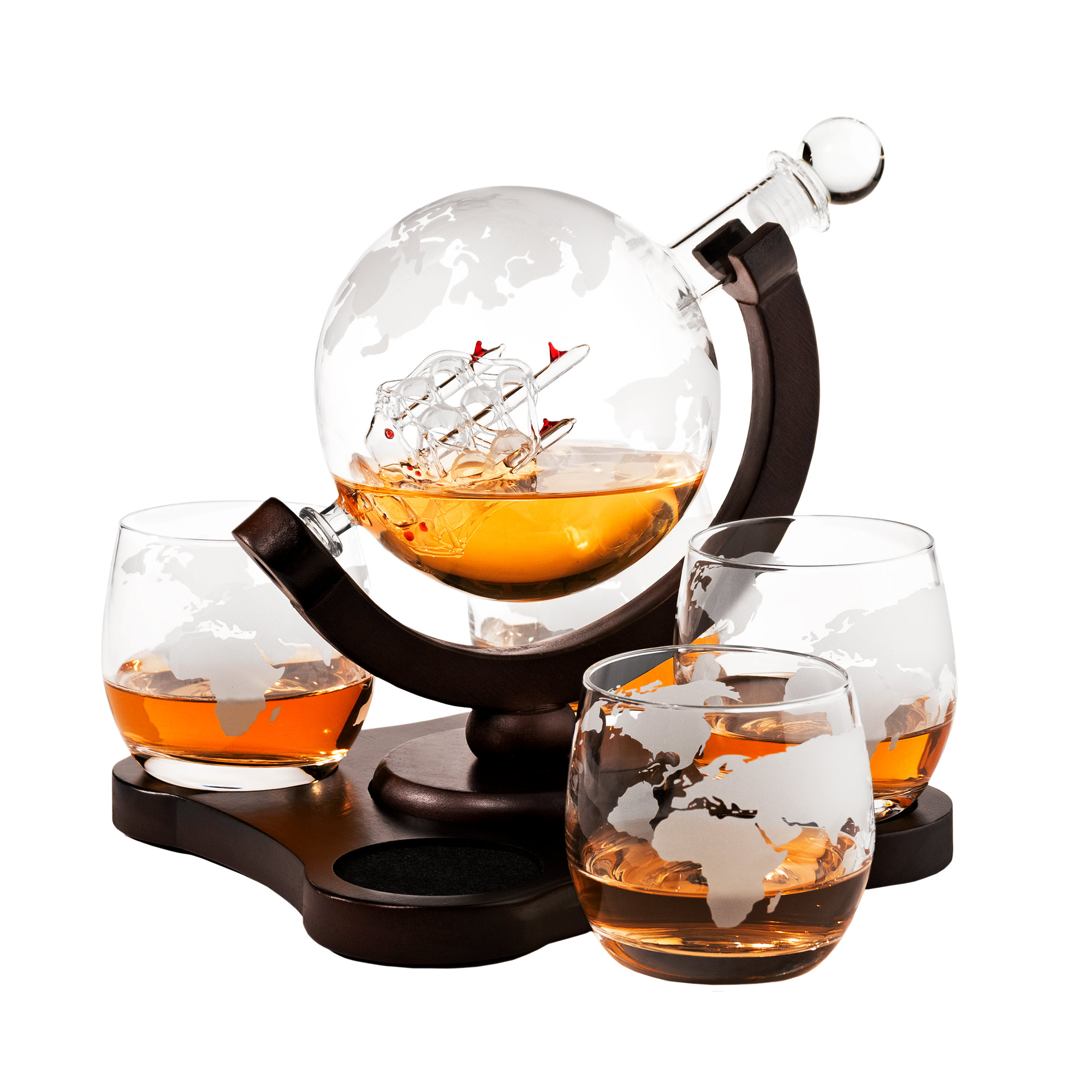Whiskyset mit Gravur - Globus Karaffe Schiff und 4 Whiskygläser