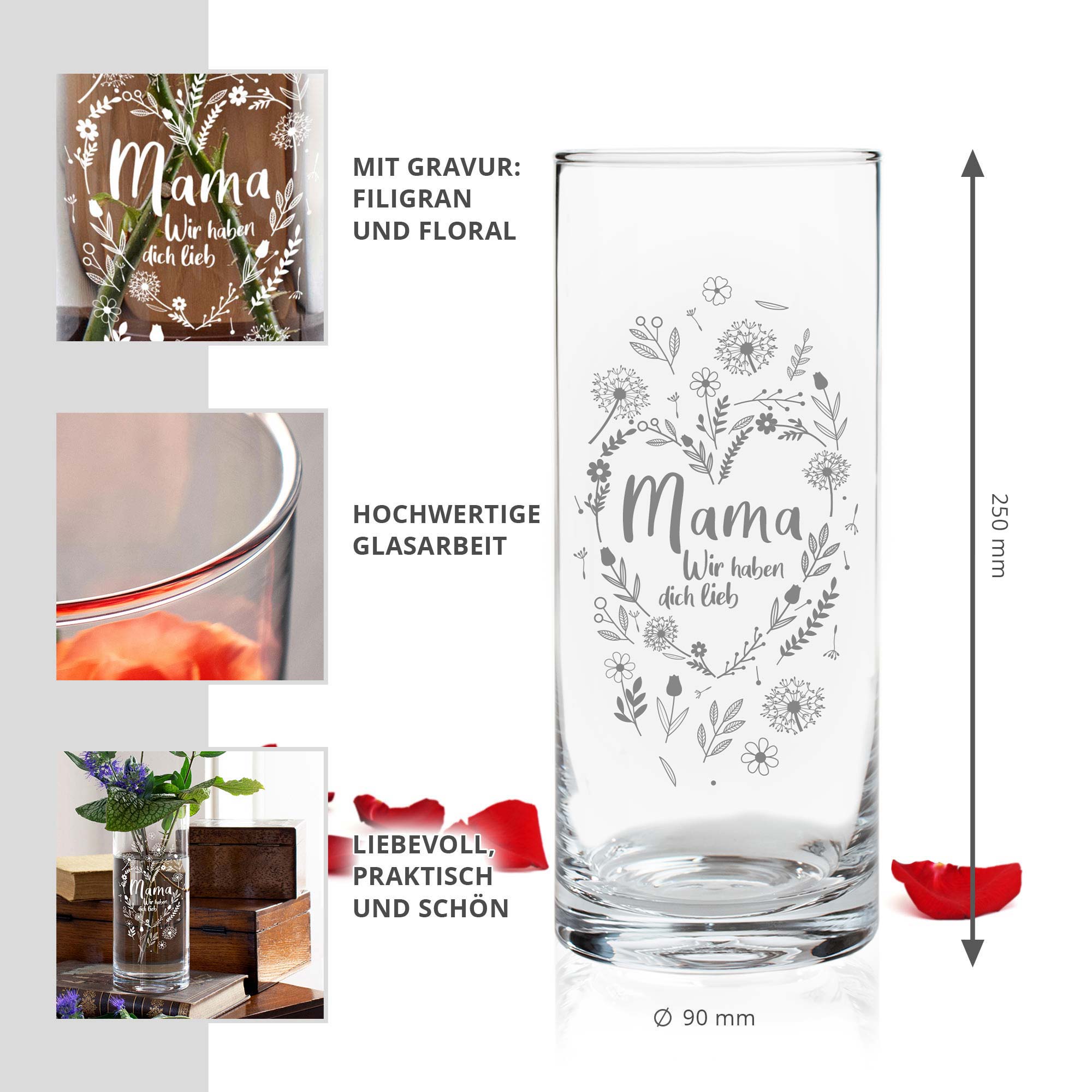 Runde Vase mit Gravur - Blumenherz Mama Runde Vase mit Gravur - Blumenherz Mama