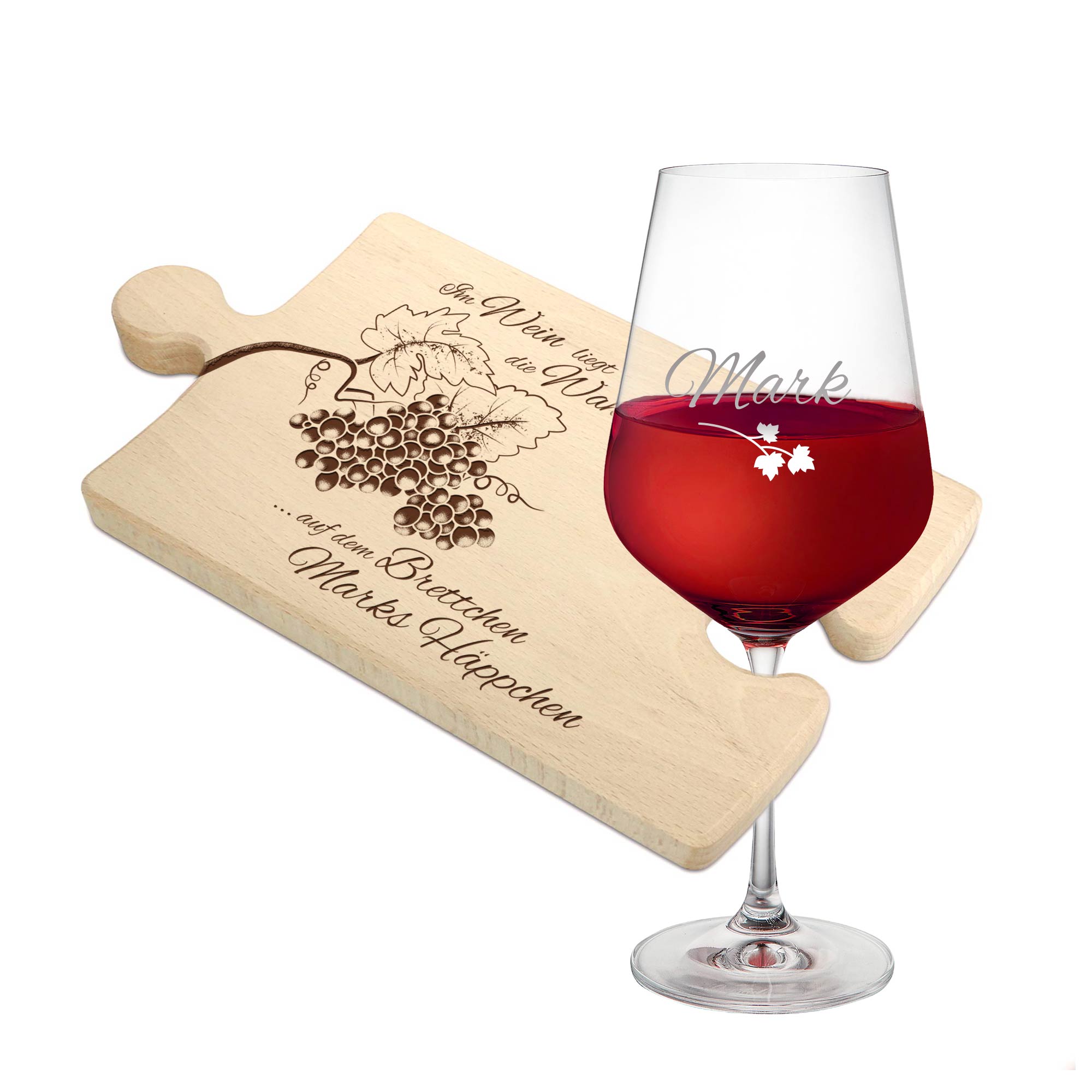 Weinhäppchen - Glas und Puzzle Brettchen personalisiert Weinhäppchen - Glas und Puzzle Brettchen personalisiert