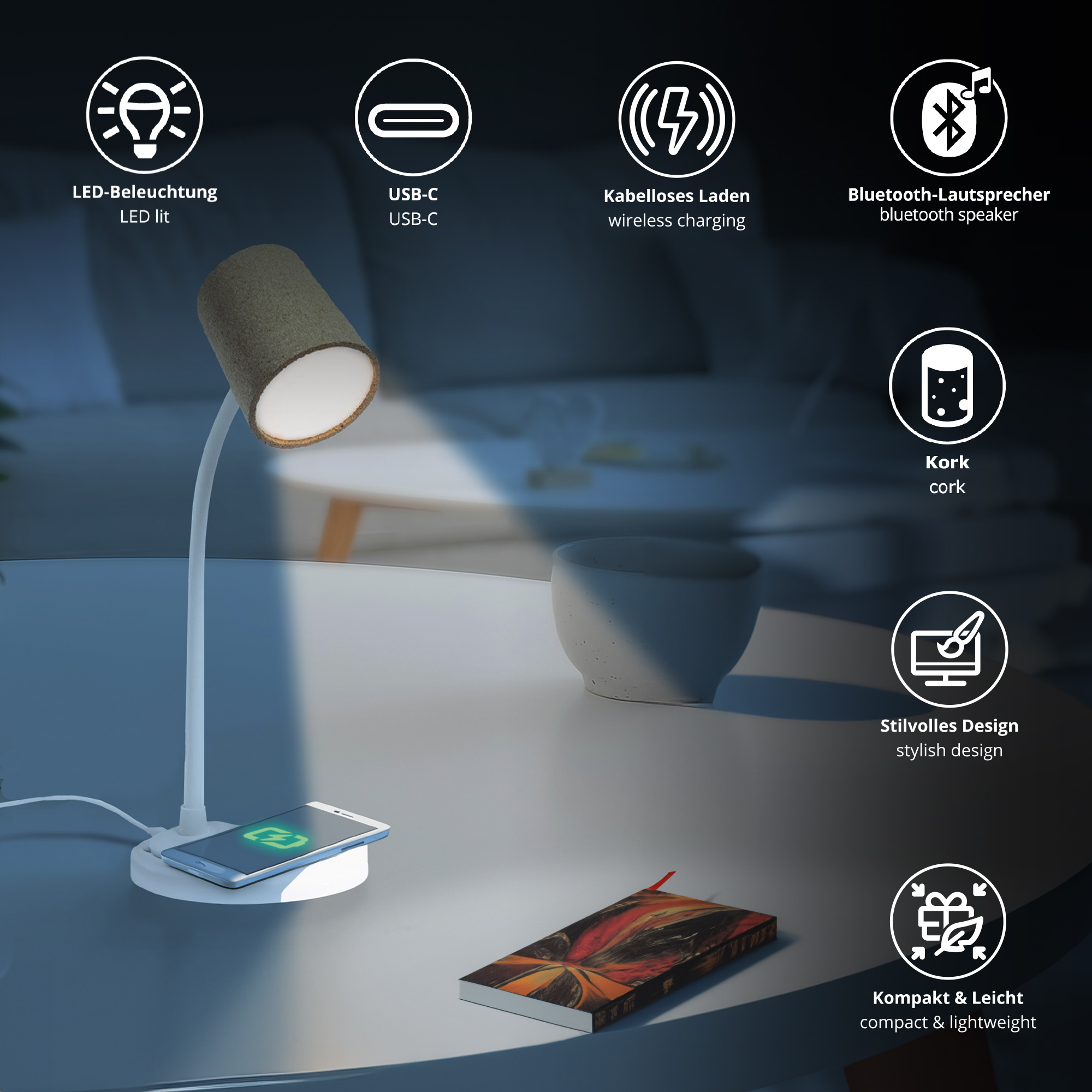LED Lampe - 3in1 Bluetooth Lautsprecher mit Ladestation