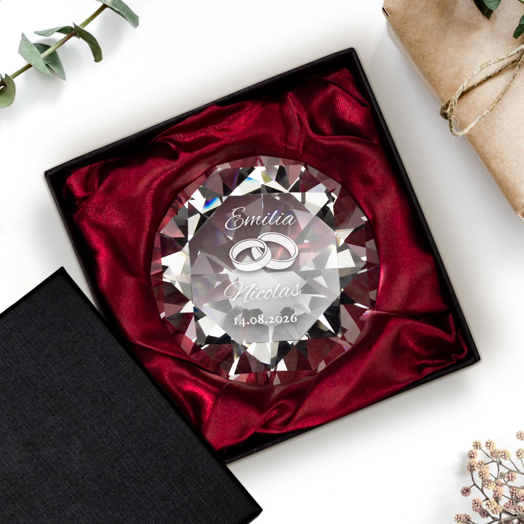 Diamant Kristall mit Gravur zur Hochzeit und Ring Displayständer