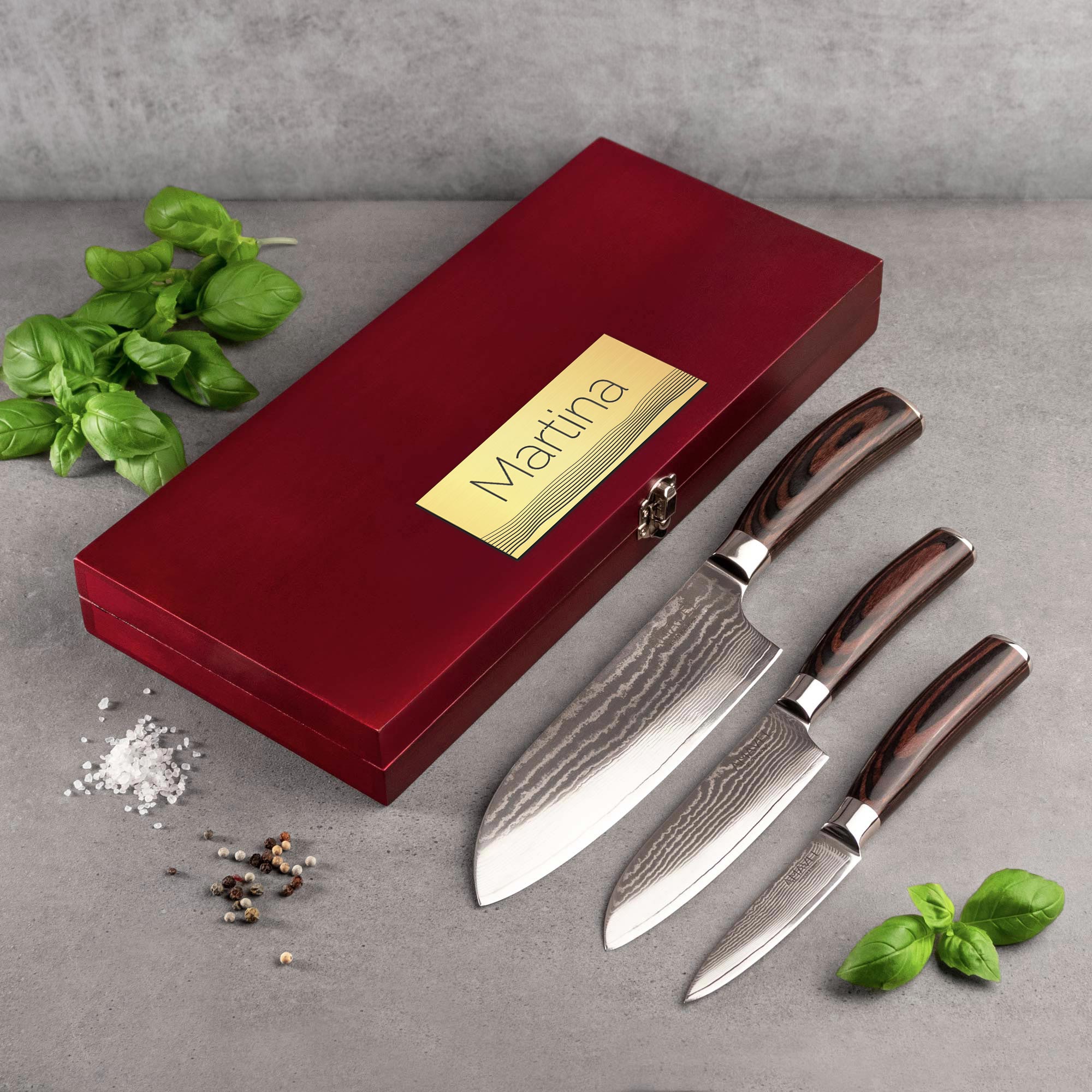 Damaszener Messer in Holzbox - 3er Set