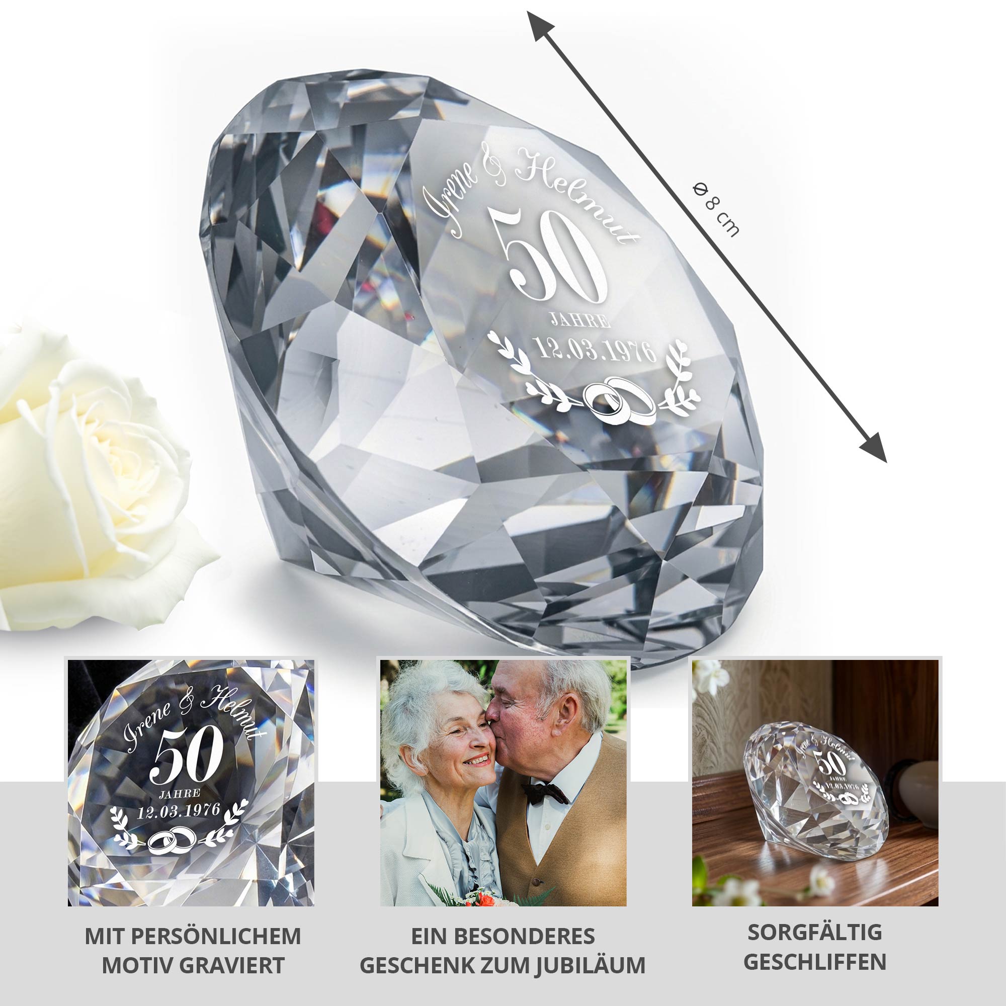 Diamant Kristall mit Gravur und Samtsäckchen - Goldhochzeit