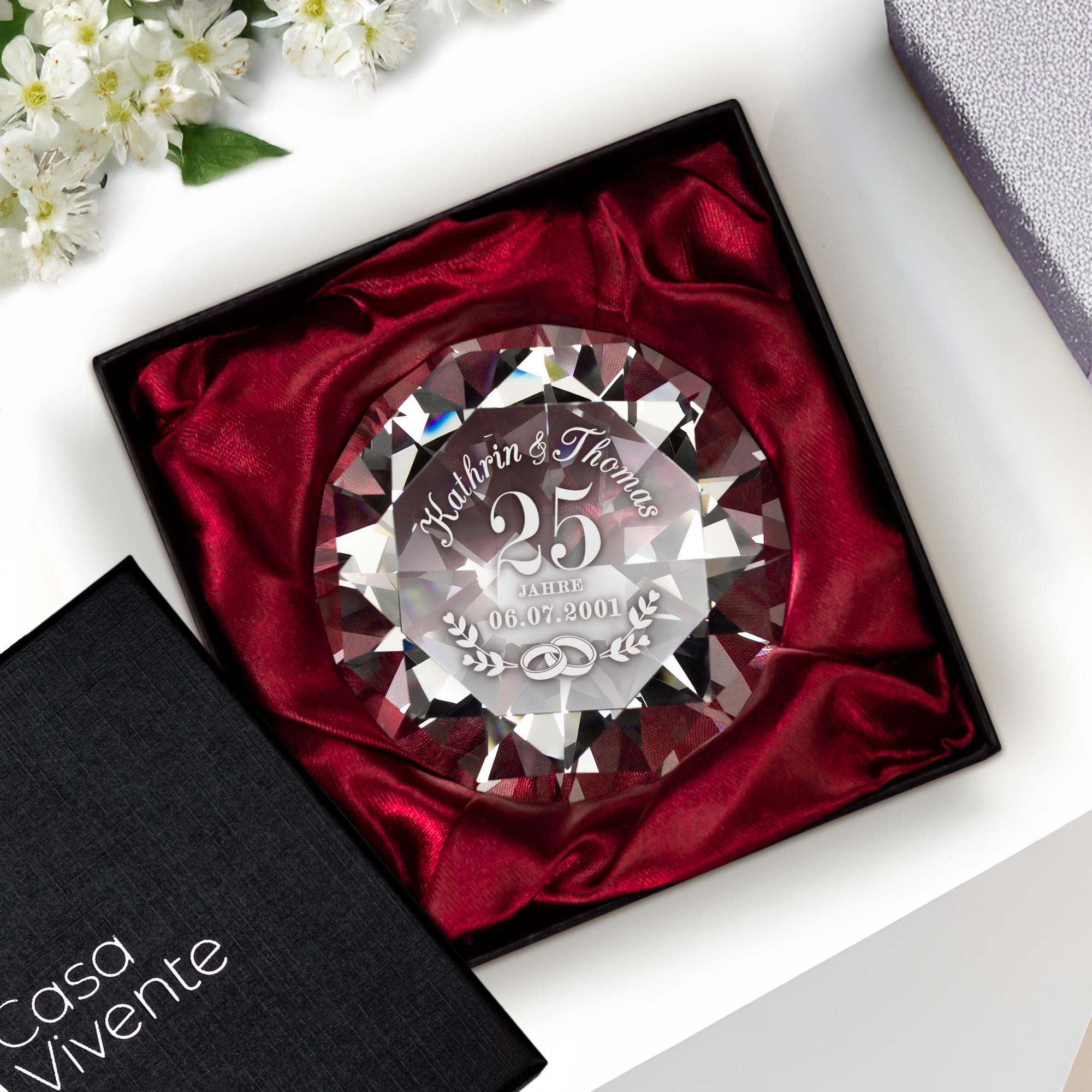 Diamant Kristall mit Gravur zur Silberhochzeit und Ring Displayständer Silber