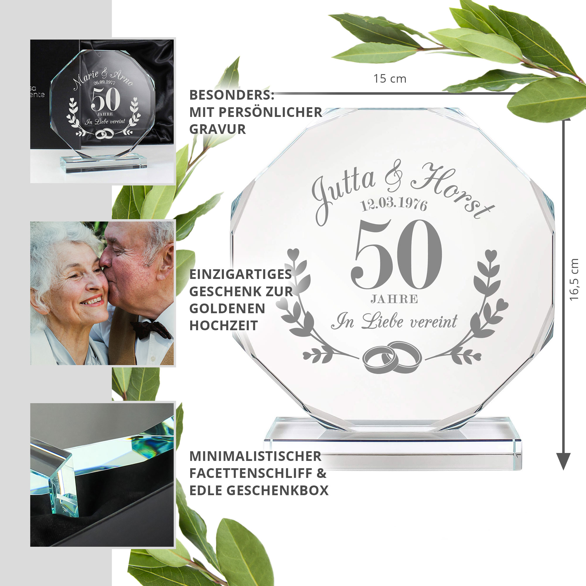 Personalisierter Glaspokal mit Facettenschliff zur Goldhochzeit - 50 Jahre Personalisierter Glaspokal mit Facettenschliff zur Goldhochzeit - 50 Jahre