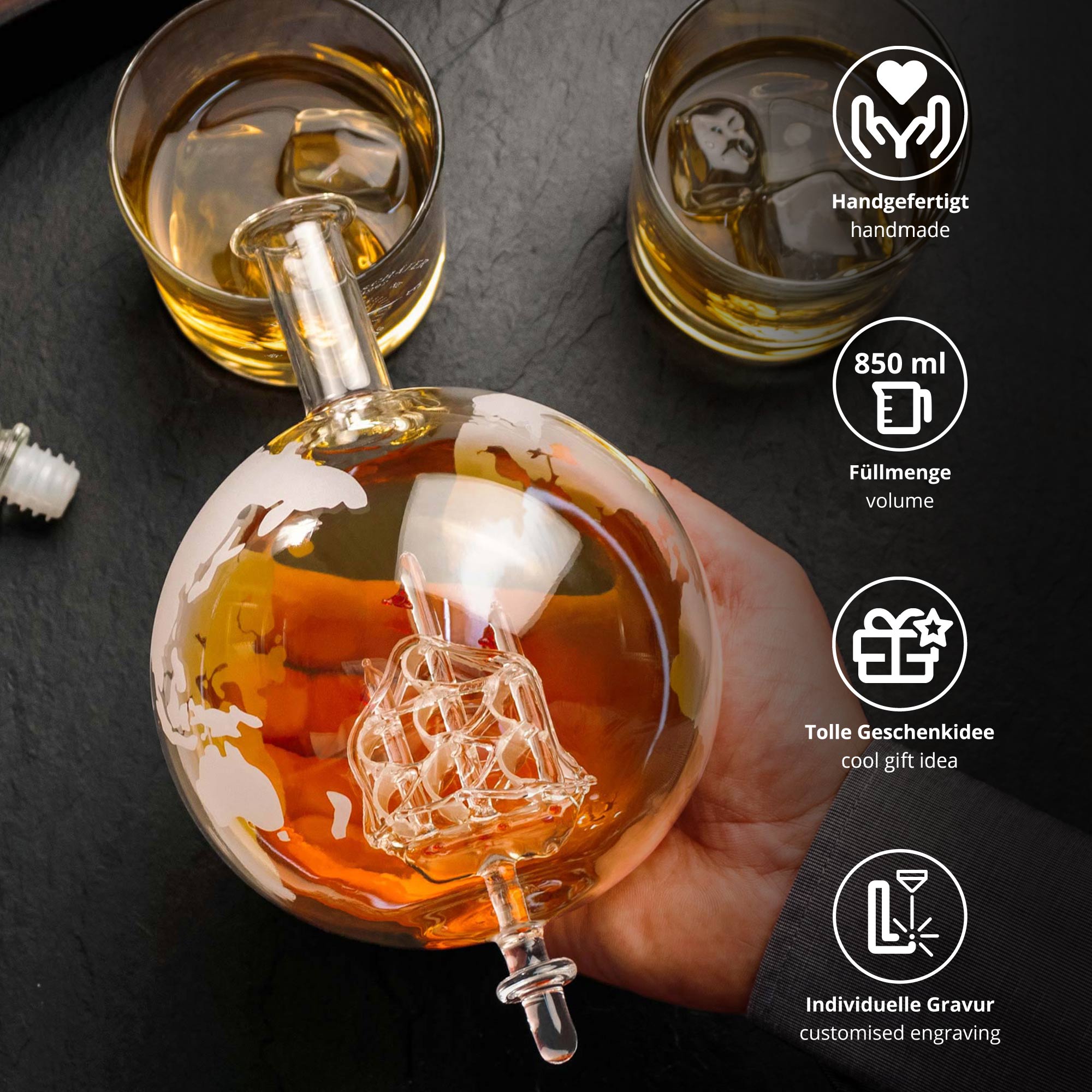 Whisky Set mit Globus Karaffe und Glas - Kompass