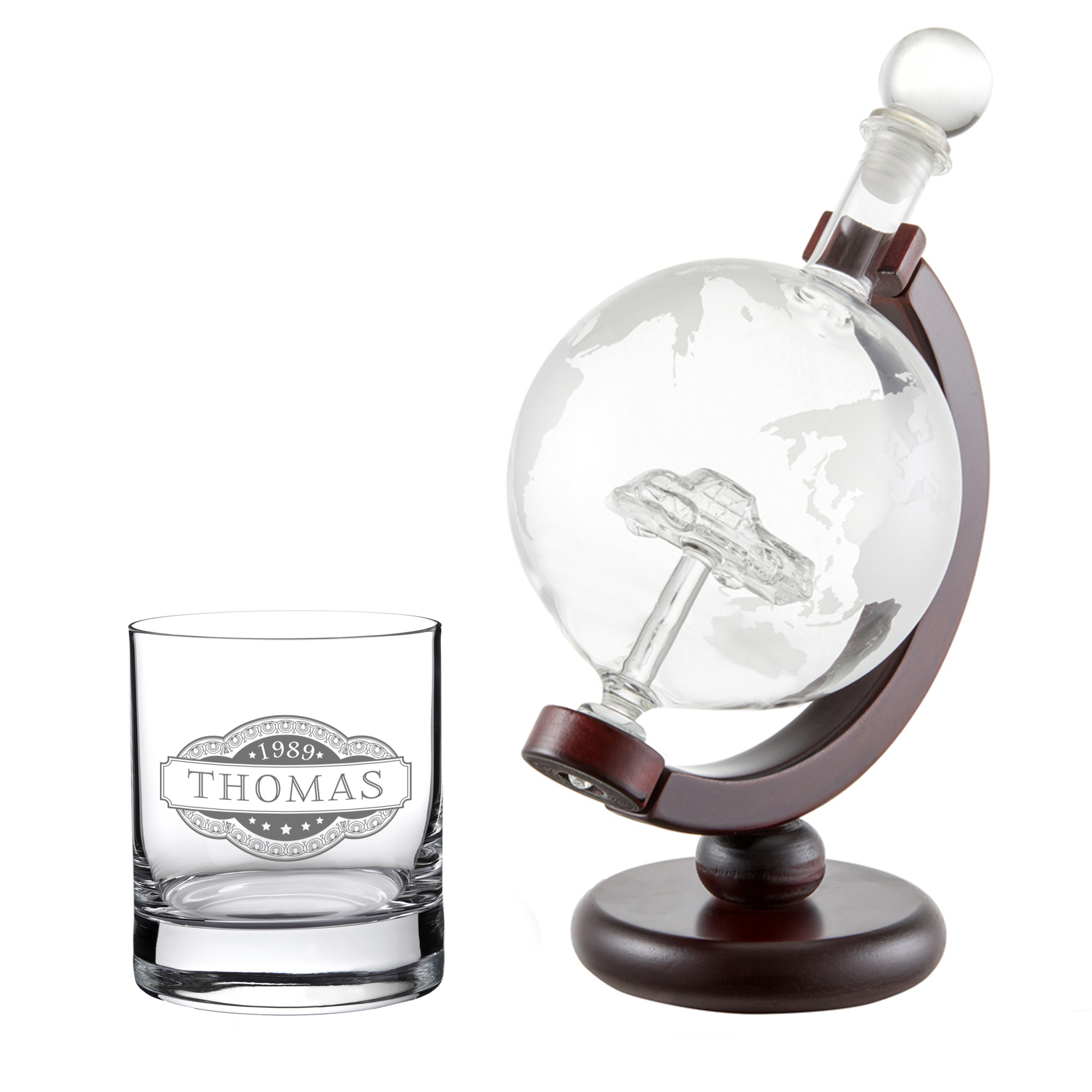 Whiskyset Globus Karaffe Auto und Whiskyglas mit Gravur - Banderole