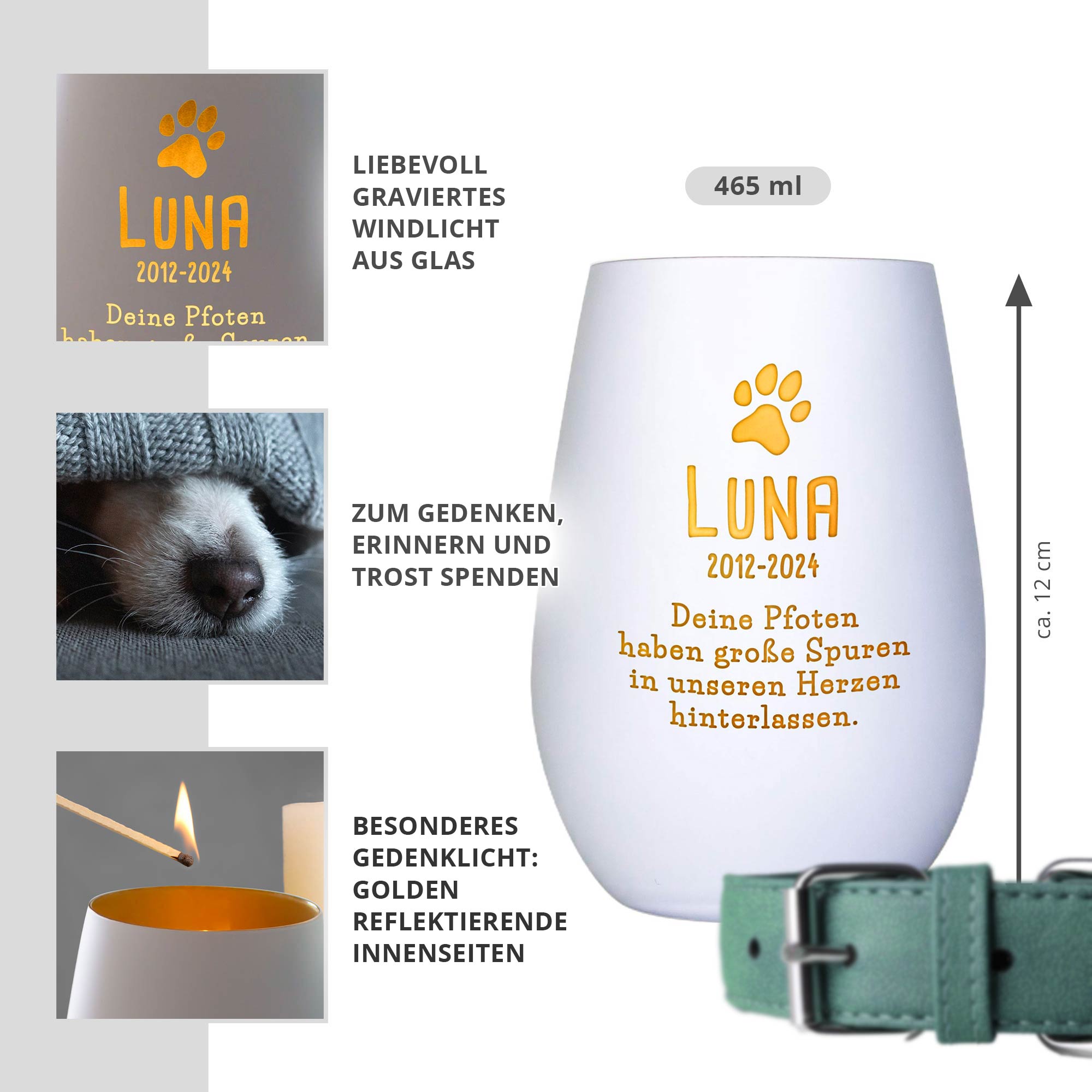 Weißes Windlicht zur Trauer - Hund