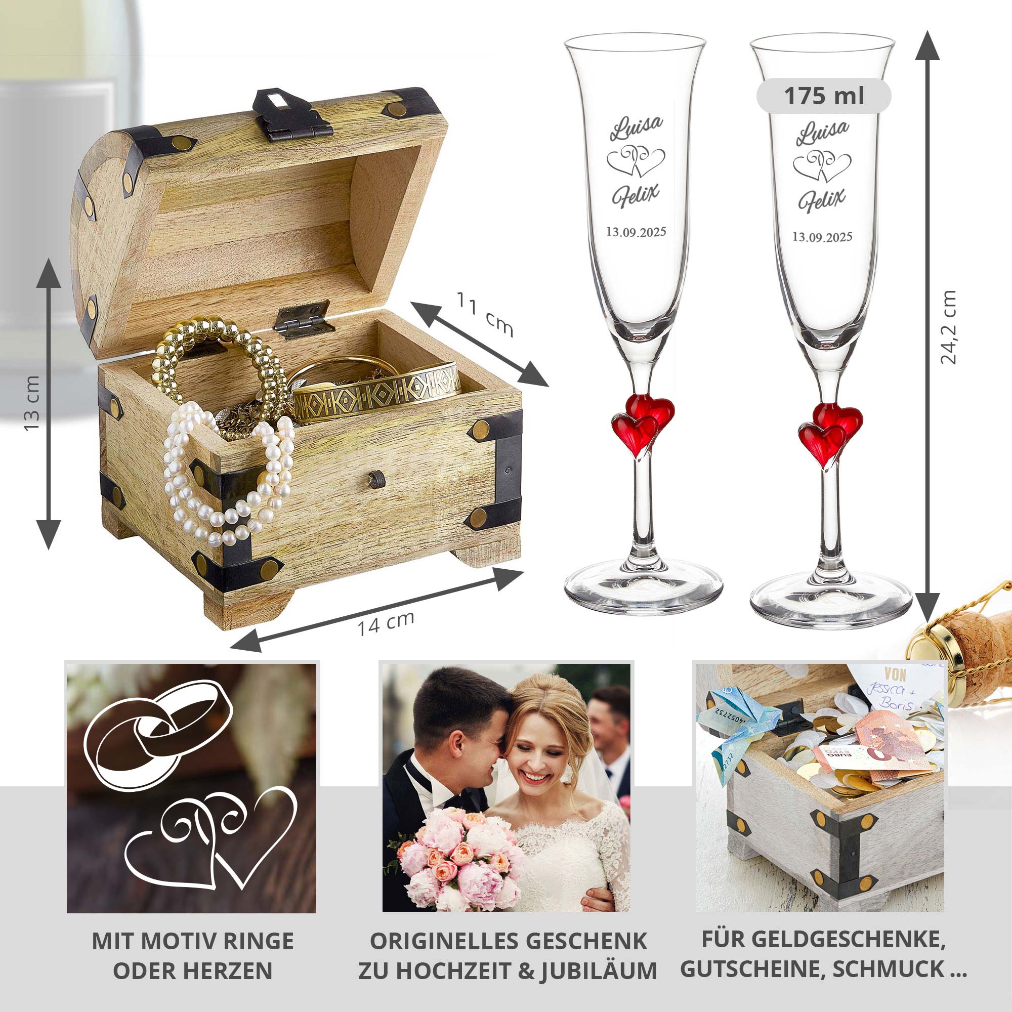 Hochzeitsset - Herzen Sektgläser und Schatztruhe zur Hochzeit