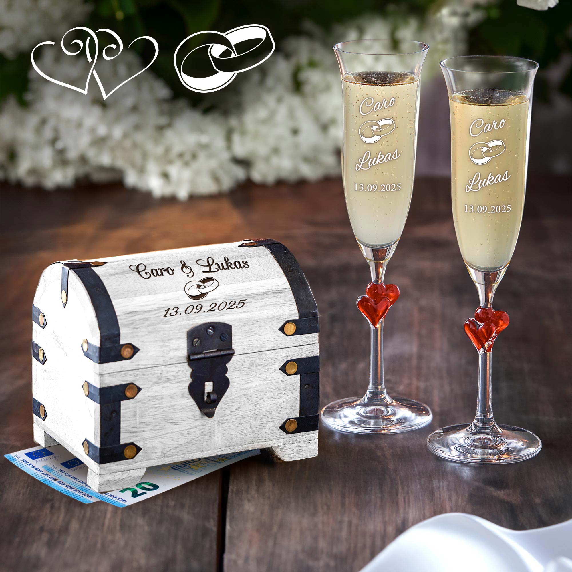 Hochzeitsset - Herzen Sektgläser und Schatztruhe Weiß zur Hochzeit