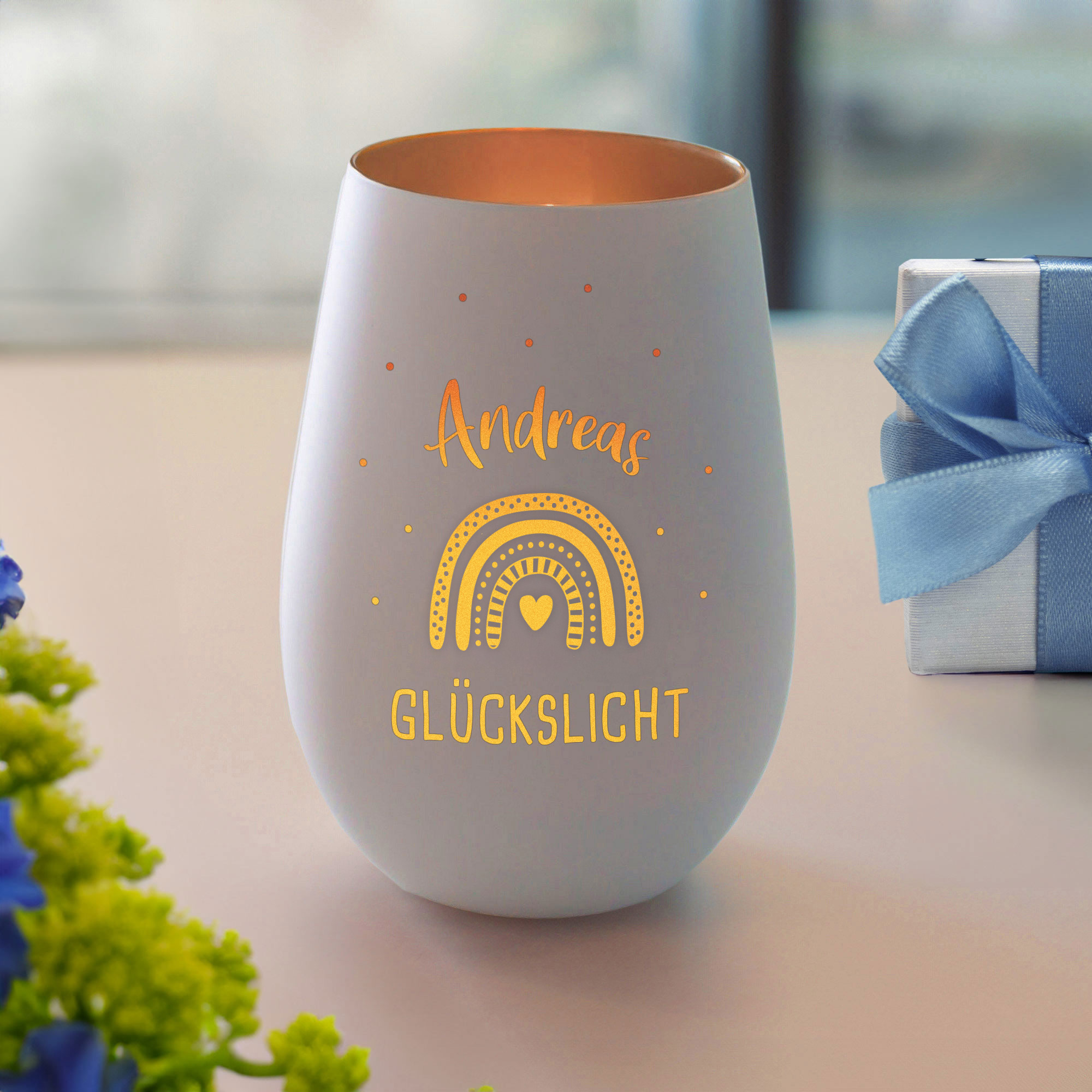 Weißes Windlicht mit Gravur Glückslicht - Bronze