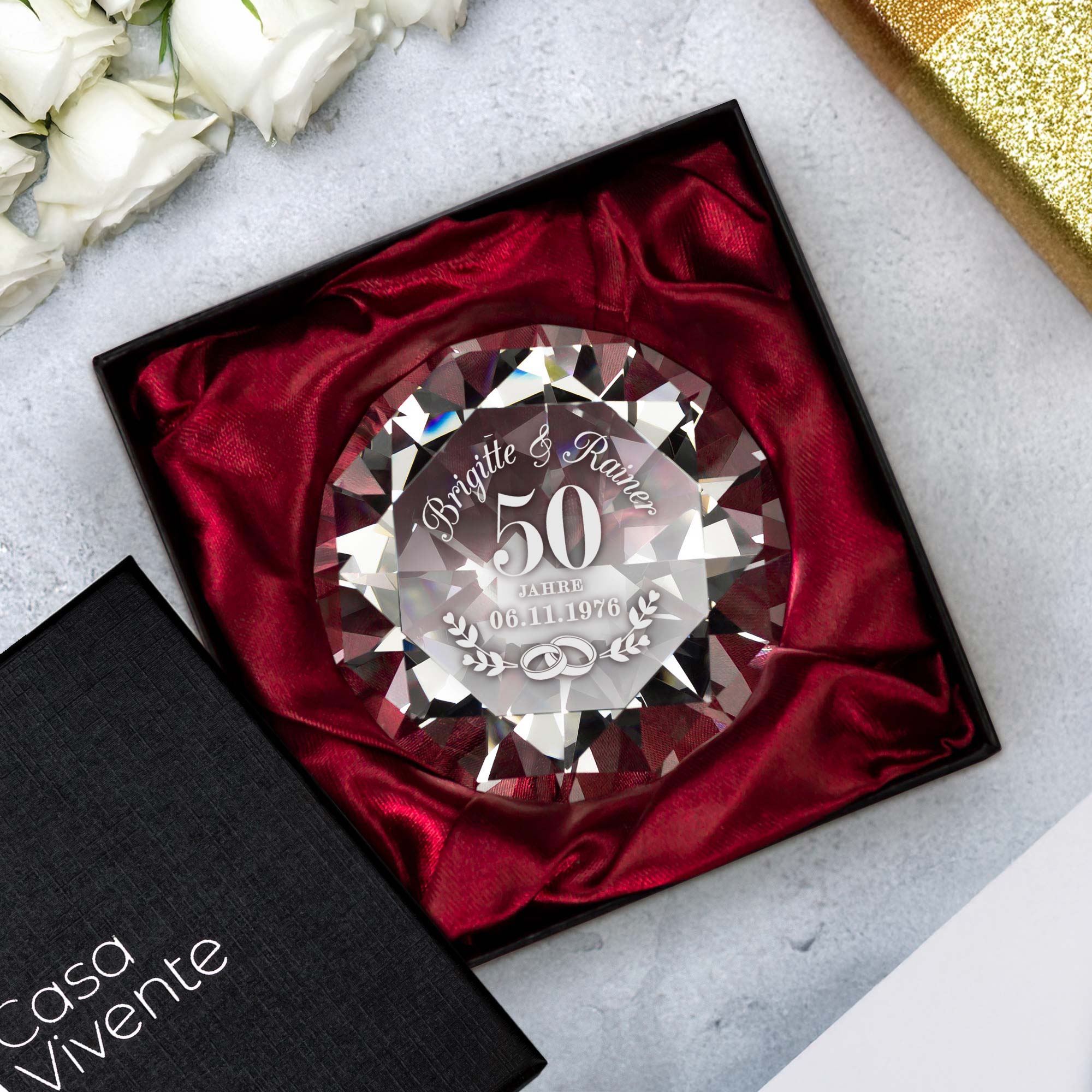 Diamant Kristall mit Gravur zur goldenen Hochzeit