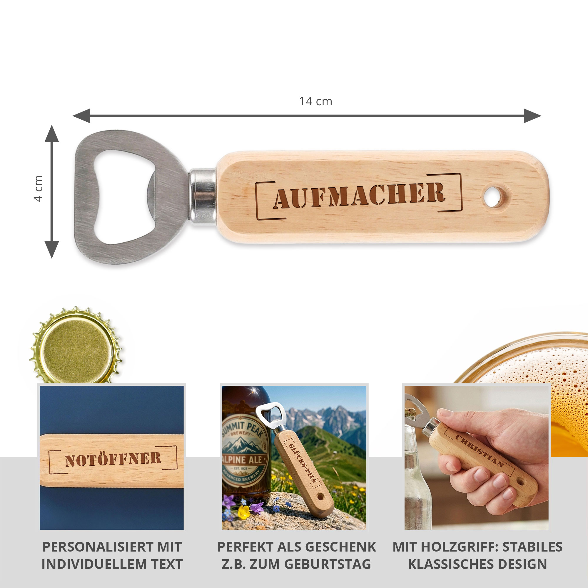 Personalisierter Flaschenöffner aus Holz - Stempel Personalisierter Flaschenöffner aus Holz - Stempel