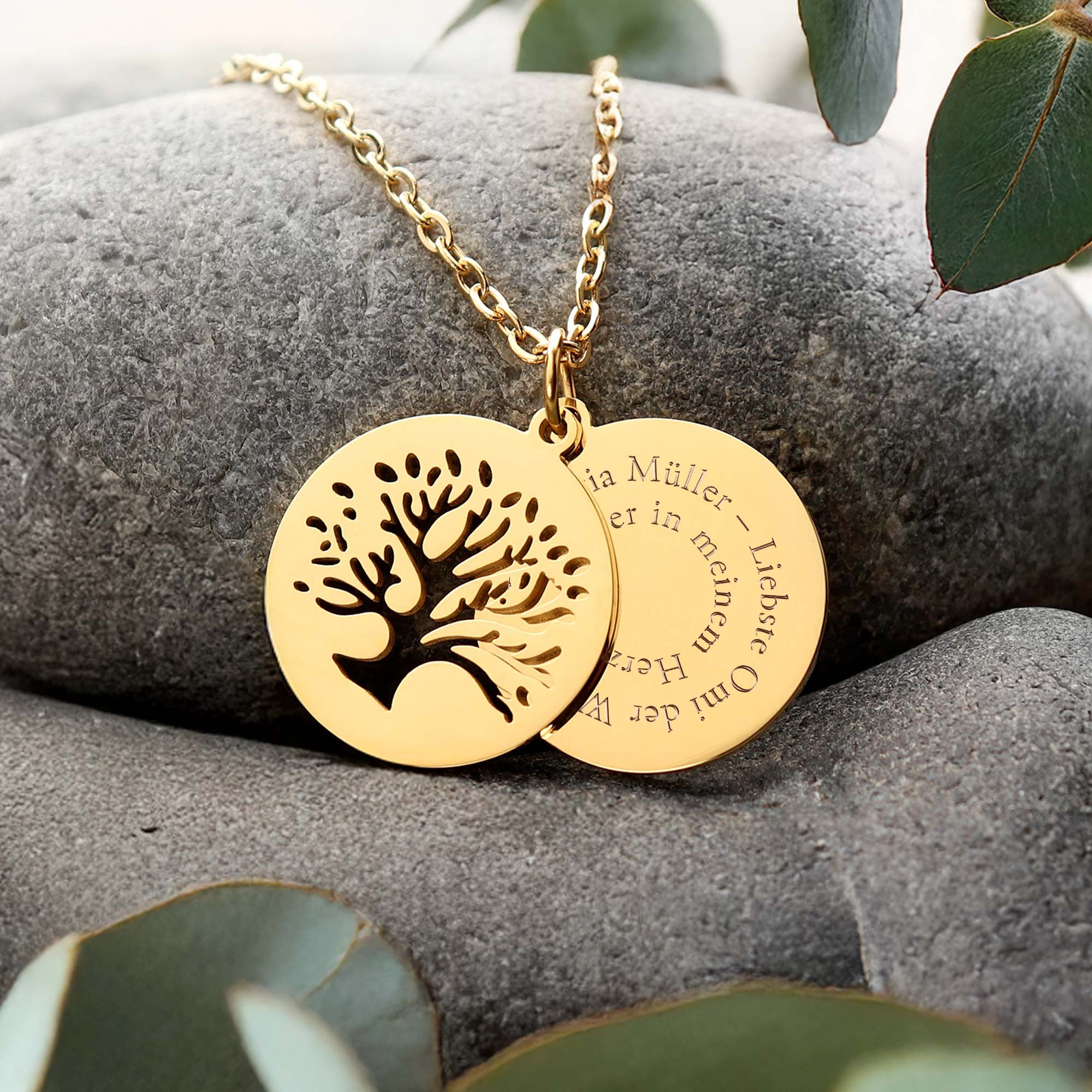 Personalisierte Kette Gold mit 2 Anhängern - Lebensbaum