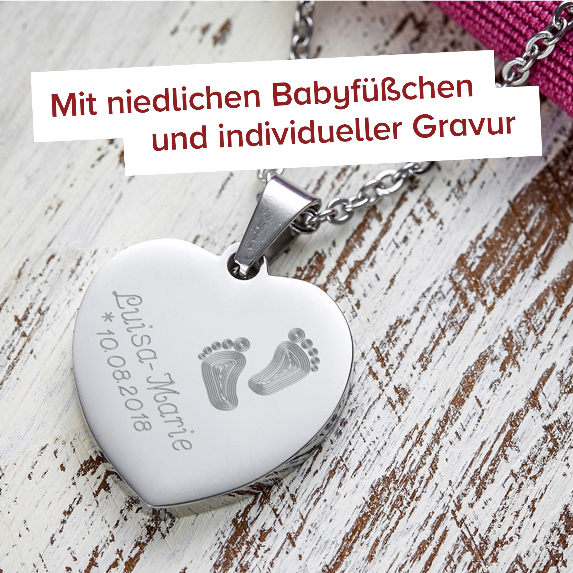 Herzanhänger Silber graviert mit Kette - Babyfüße 4081 - 5