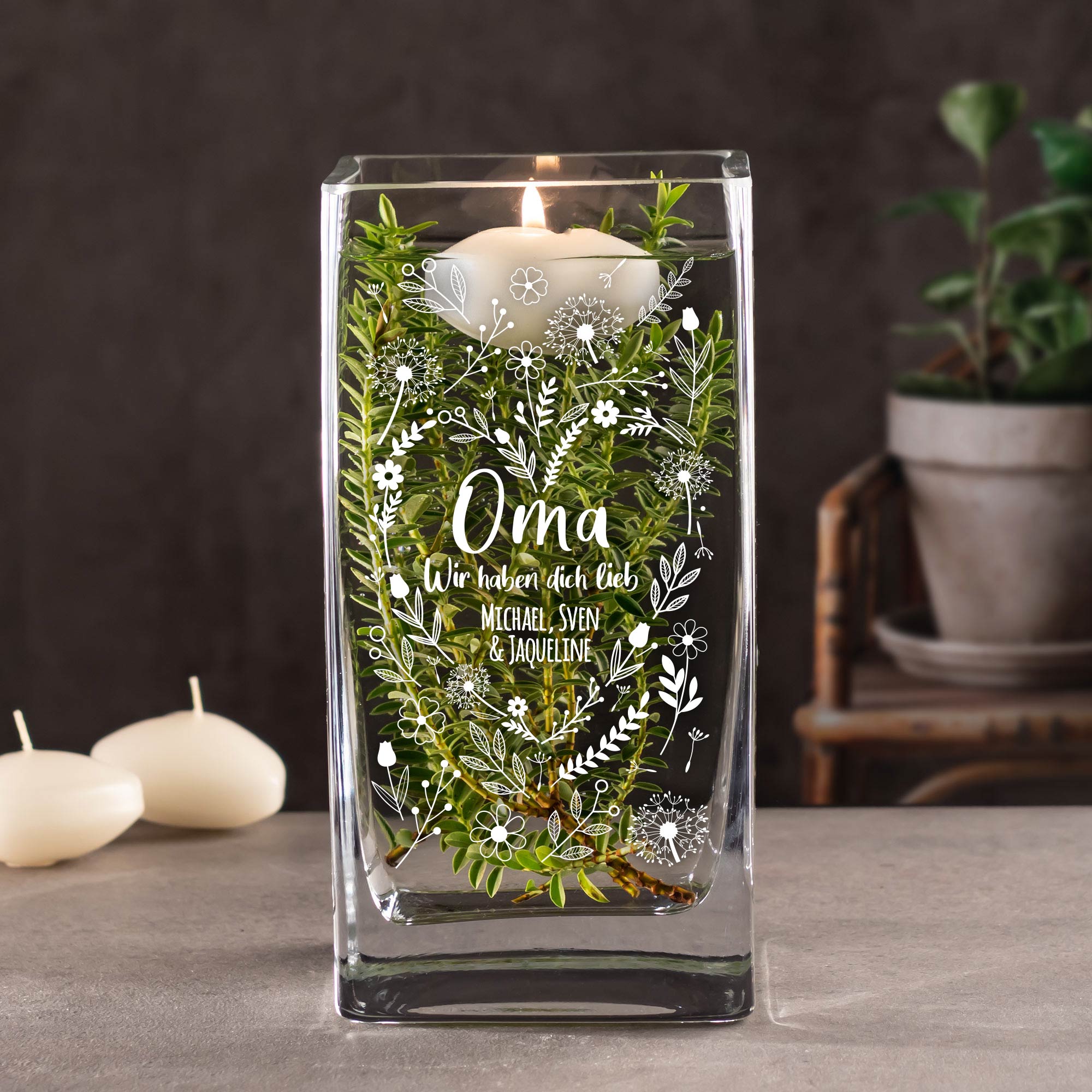 Vase mit Gravur - Blumenherz für Oma 4152