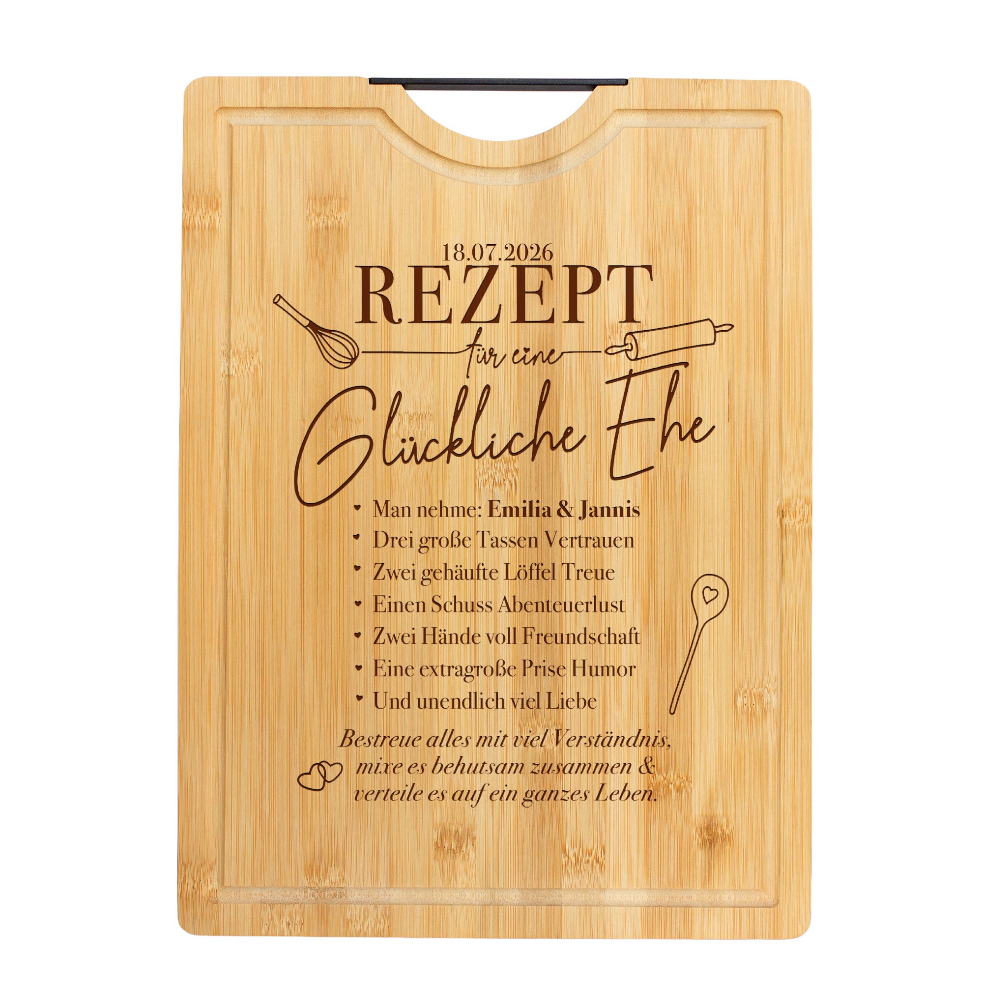 Bambusholz Schneidebrett mit Gravur - Rezept glückliche Ehe Bambusholz Schneidebrett mit Gravur - Rezept glückliche Ehe