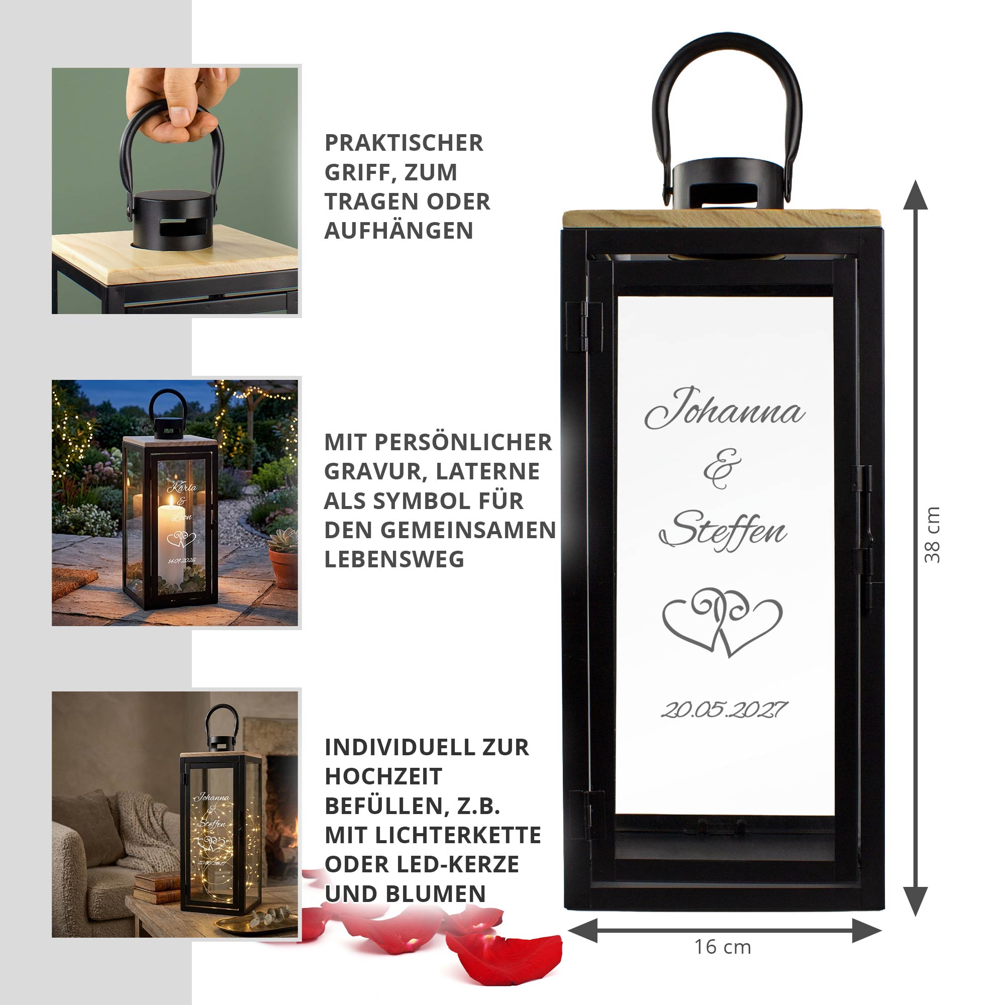Personalisierte Holzlaterne zur Hochzeit Schwarz - Herzen Personalisierte Holzlaterne zur Hochzeit Schwarz - Herzen
