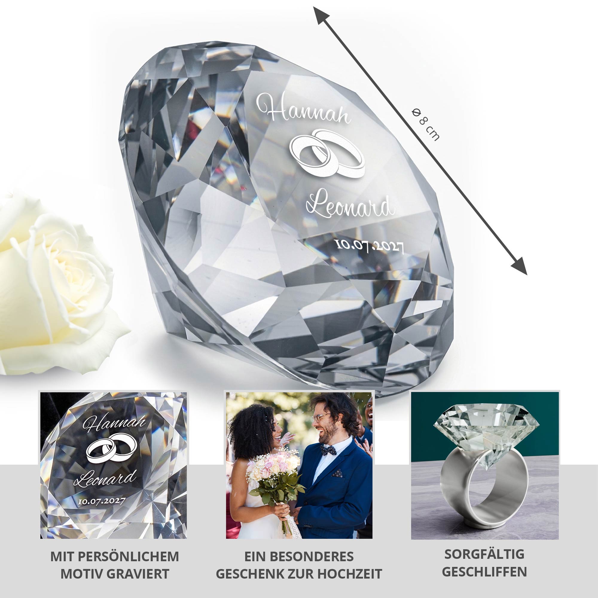 Diamant Kristall mit Gravur zur Hochzeit und Ring Displayständer Silber Diamant Kristall mit Gravur zur Hochzeit und Ring Displayständer Silber