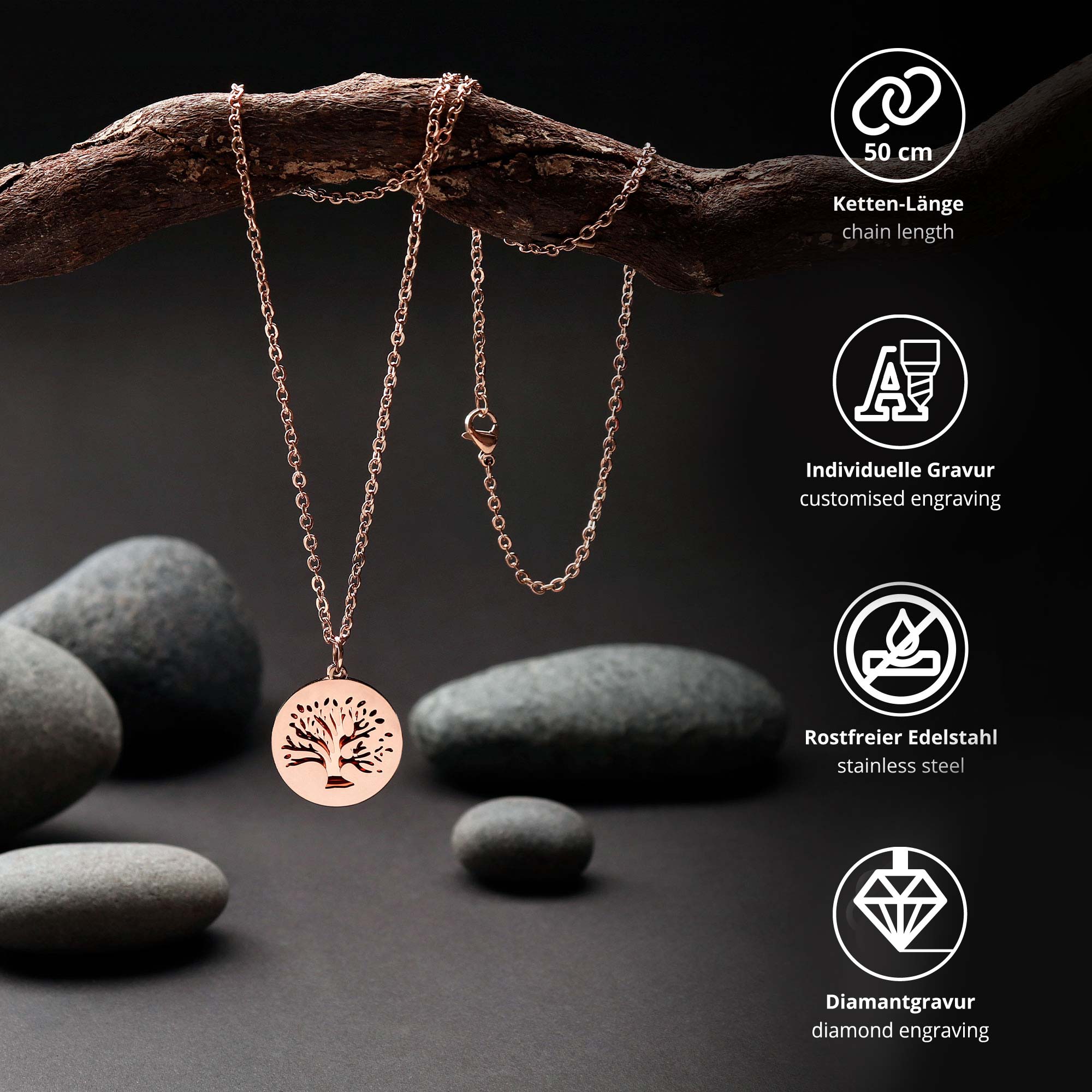 Personalisierte Kette Roségold mit 2 Anhängern - Lebensbaum