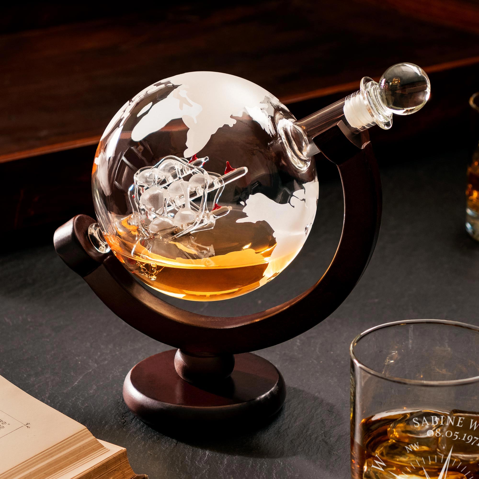 Whisky Set mit Globus Karaffe und Glas - Kompass