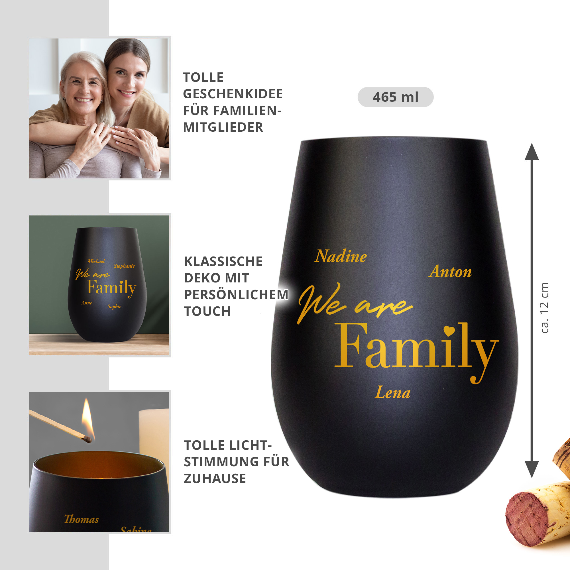 Schwarzes Windlicht mit Gravur - Family