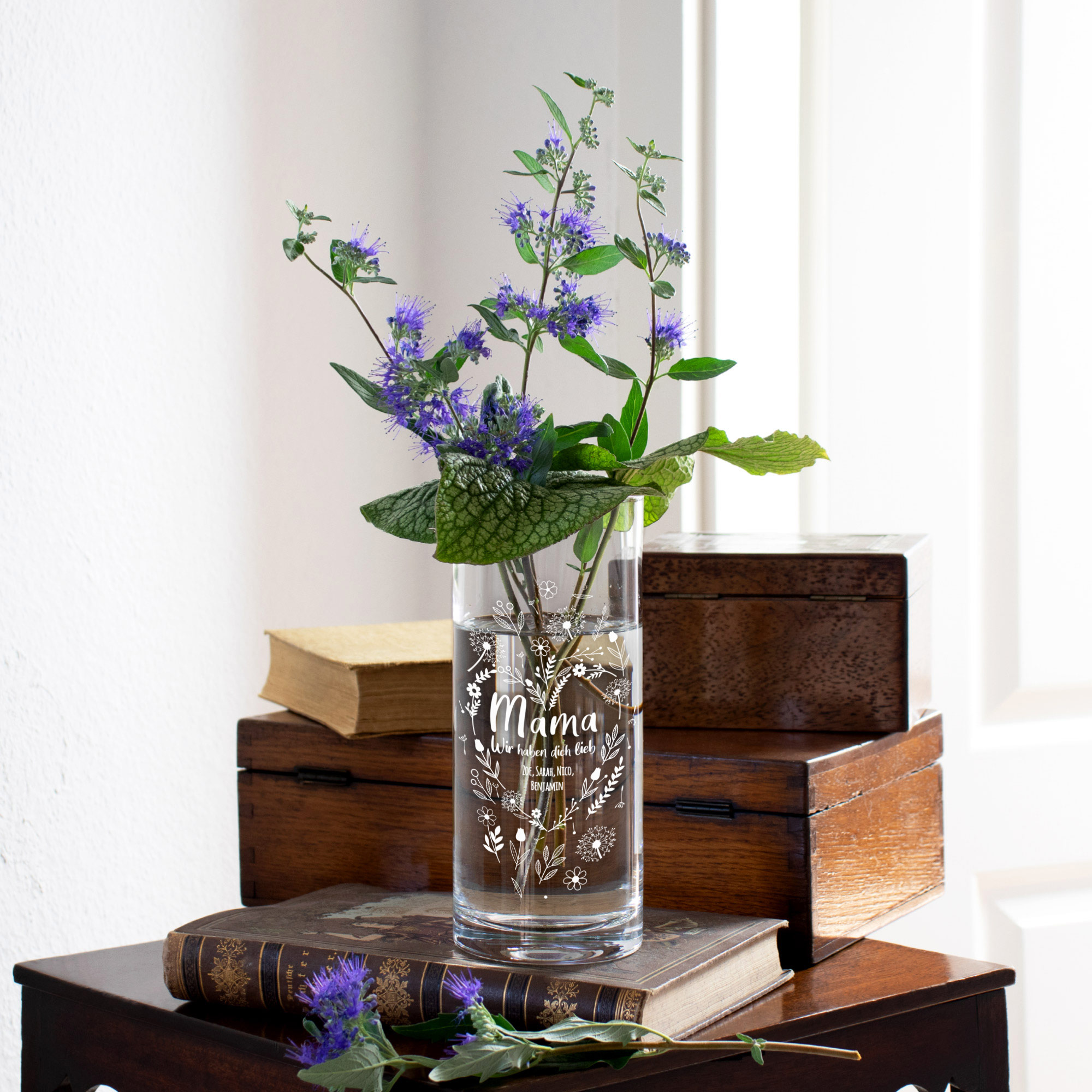 Runde Vase mit Gravur - Blumenherz für Mama 2135-115-MZ - 6