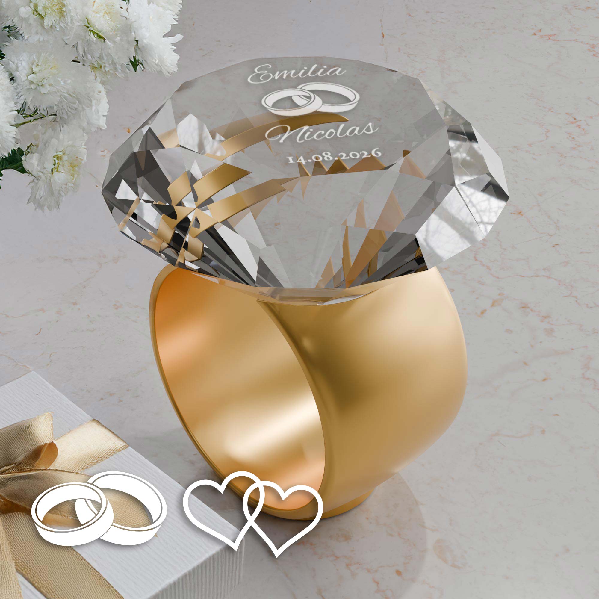 Diamant Kristall mit Gravur zur Hochzeit und Ring Displayständer