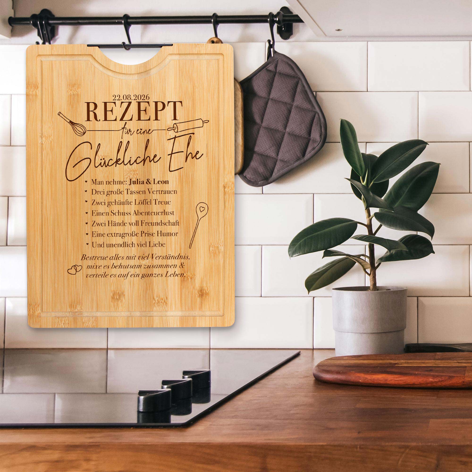 Bambusholz Schneidebrett mit Gravur - Rezept glückliche Ehe Bambusholz Schneidebrett mit Gravur - Rezept glückliche Ehe