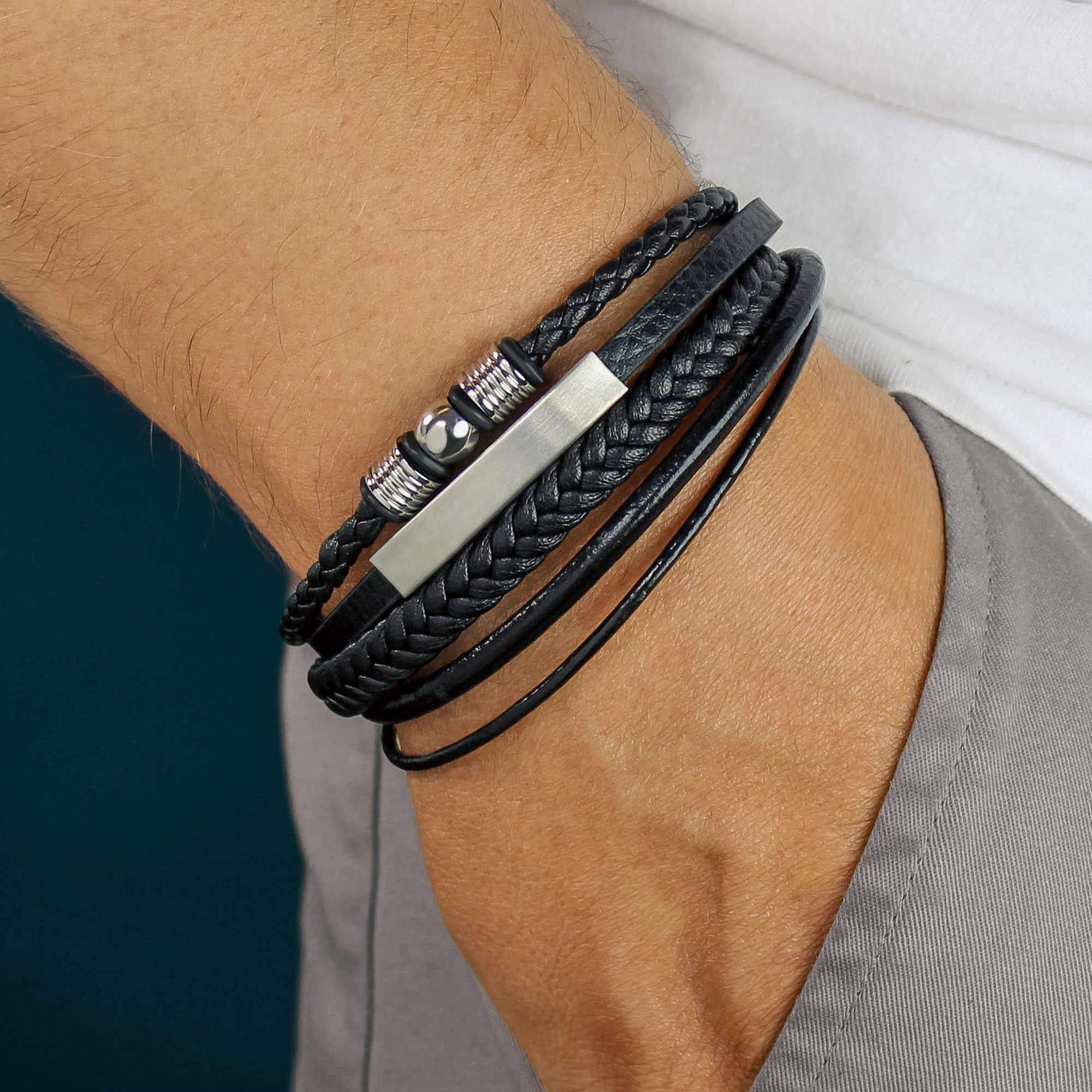 Geflochtenes Lederarmband mit Beads Silber - Herren Armband