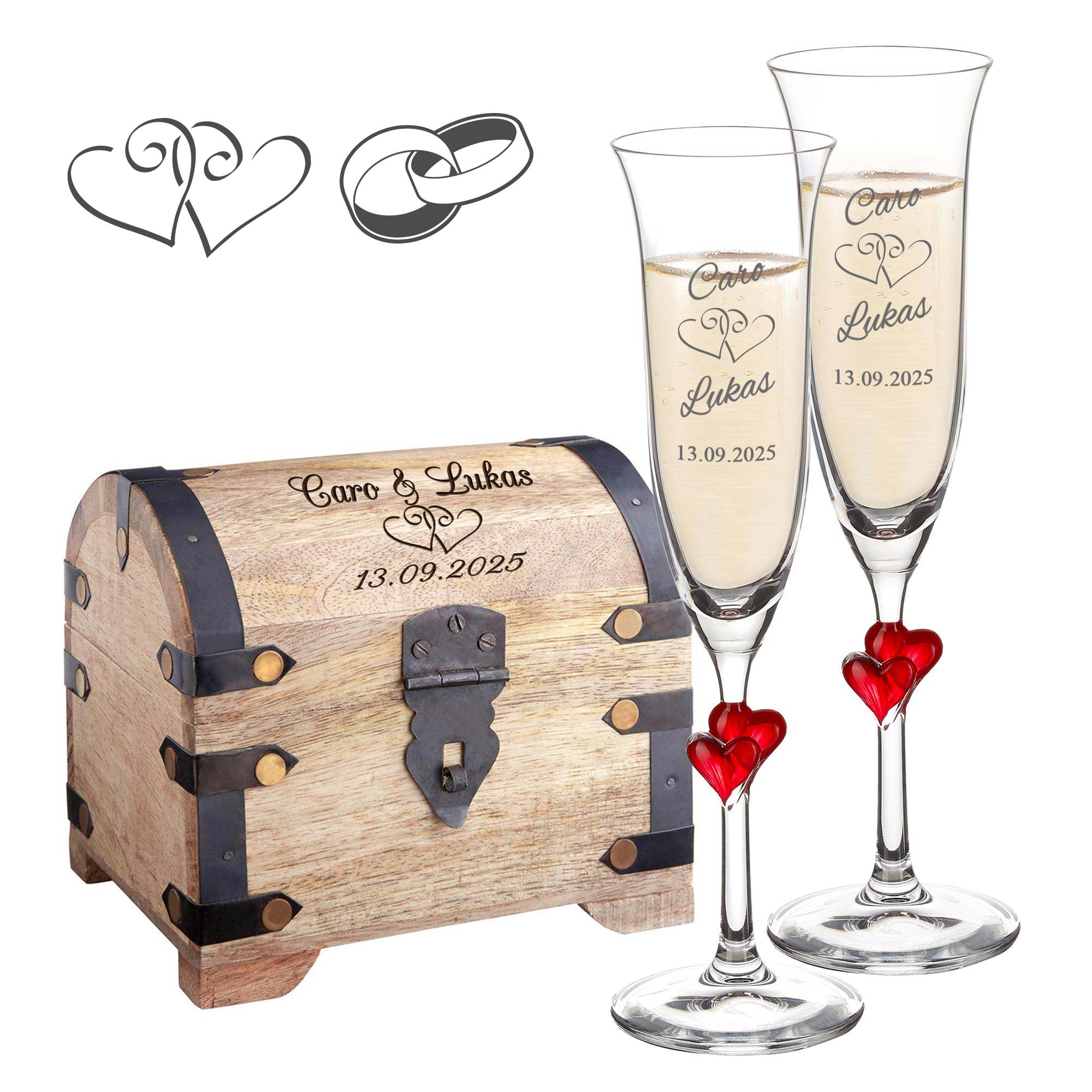 Hochzeitsset - Herzen Sektgläser und Schatztruhe zur Hochzeit